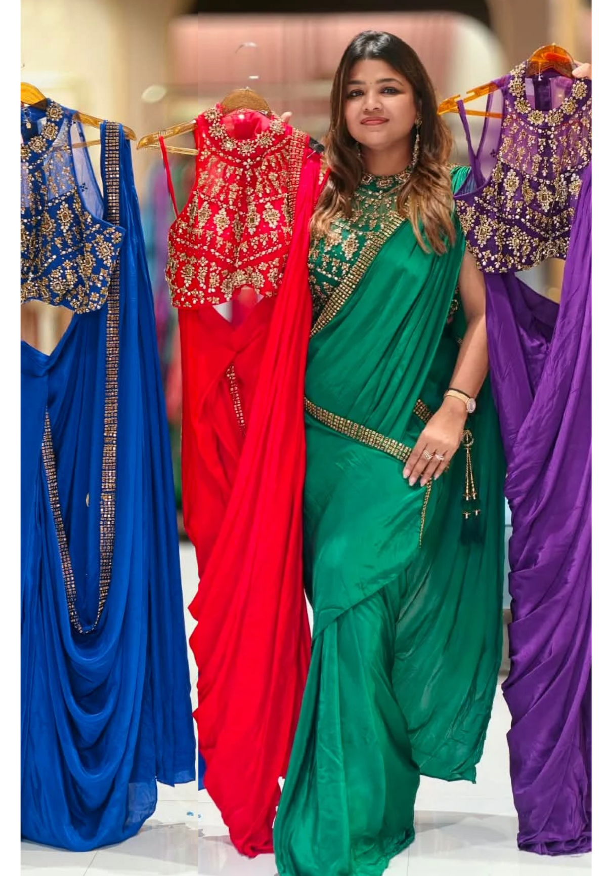 Royal Glam Pre-Draped Saree with Beaded Hand Embellished Blouse In Vibrant Tone- 16973