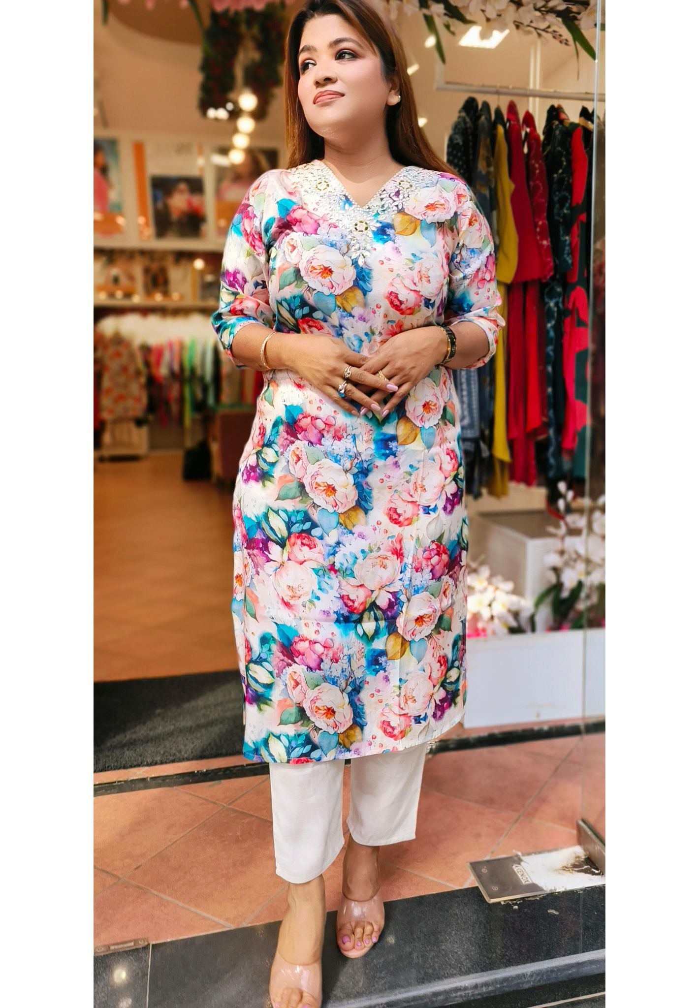 Beautiful V neck muslin white with blue pink Flower print kurta with pant  (set of 2)03982