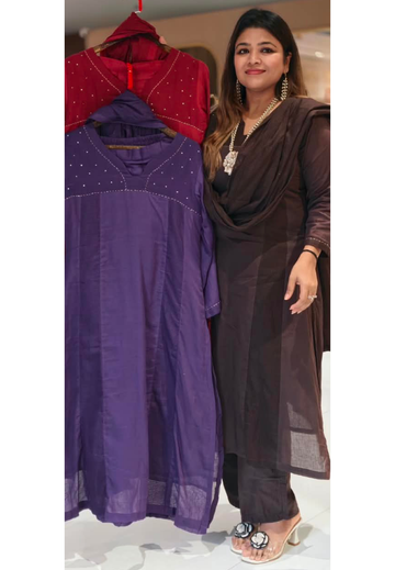 Solid Shade Banarasi Kota Checks A-Line Full Suit Set With Tiny Sequence & Thread Touch With Matching Dupatta- 16744