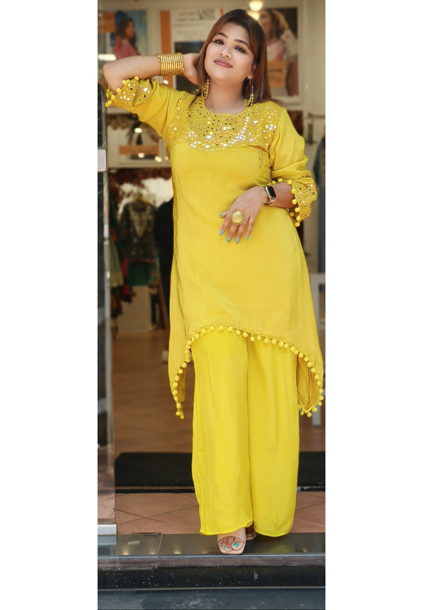 Stylish Indowestern Yellow Real Mirror Embroiderd with Pompom Crape Top With Palazzo Set Dispatching after 25 Days