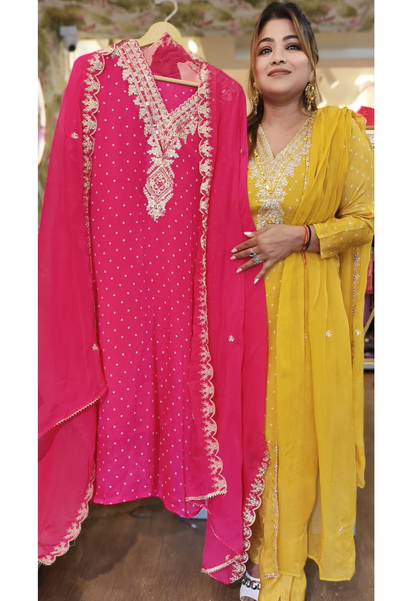 Bandhani dress cloth | Bandhani dress, Satin suits, Bandhani dress materials
