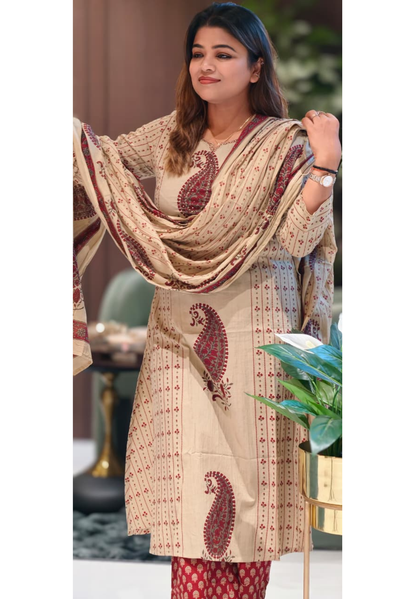 Mango Buti Floral Lined Placement Print Cotton A-Line Full Suit Set With Dupatta- 13563