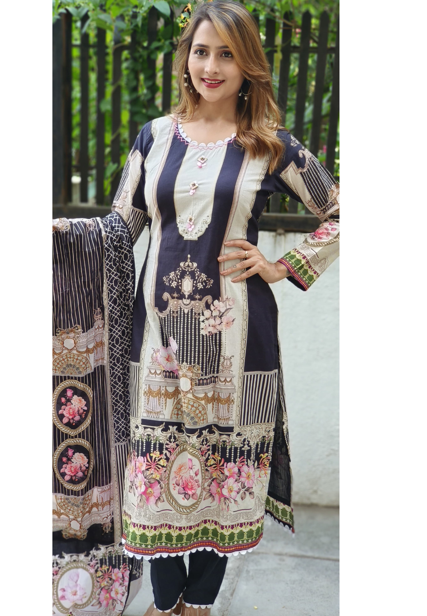 Digital Print Muslin Broad Stripe Full Suit with lining and  Muslin Dupatta-05464-65