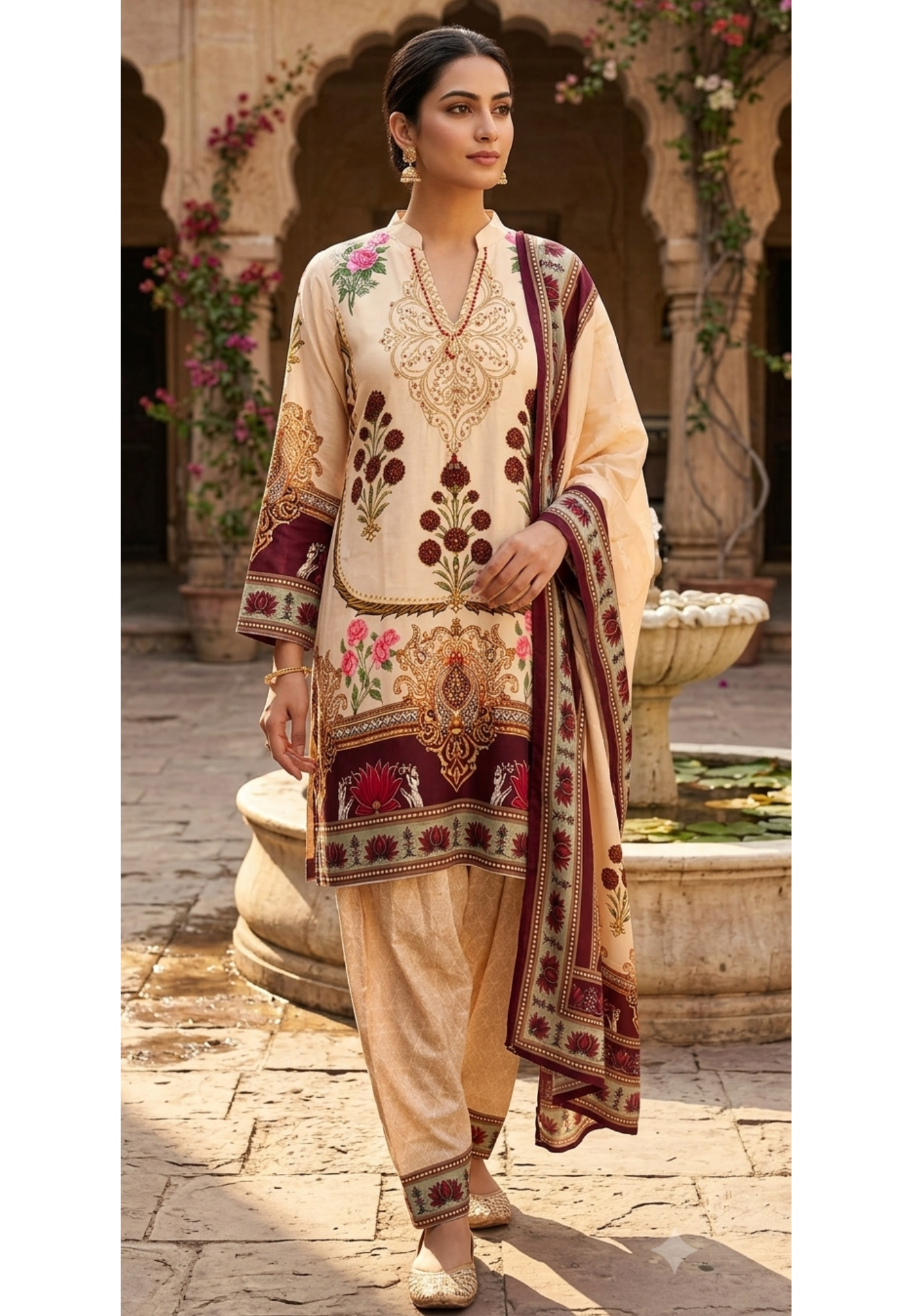 Lotus Inspired Lawn Bold Print Crepe Farshi Salwar Full Suit Set With Dupatta- 15511