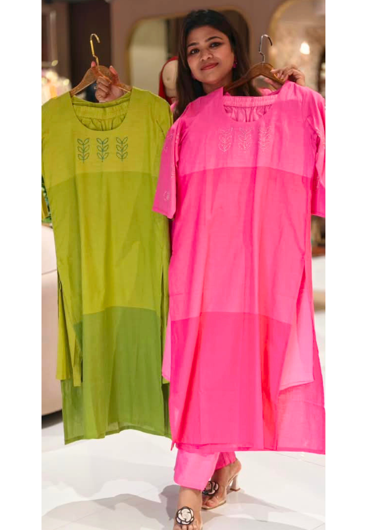 Shaded Handloom Cotton Minimal Leaf Embroidered Kurta Pant Set- 16694