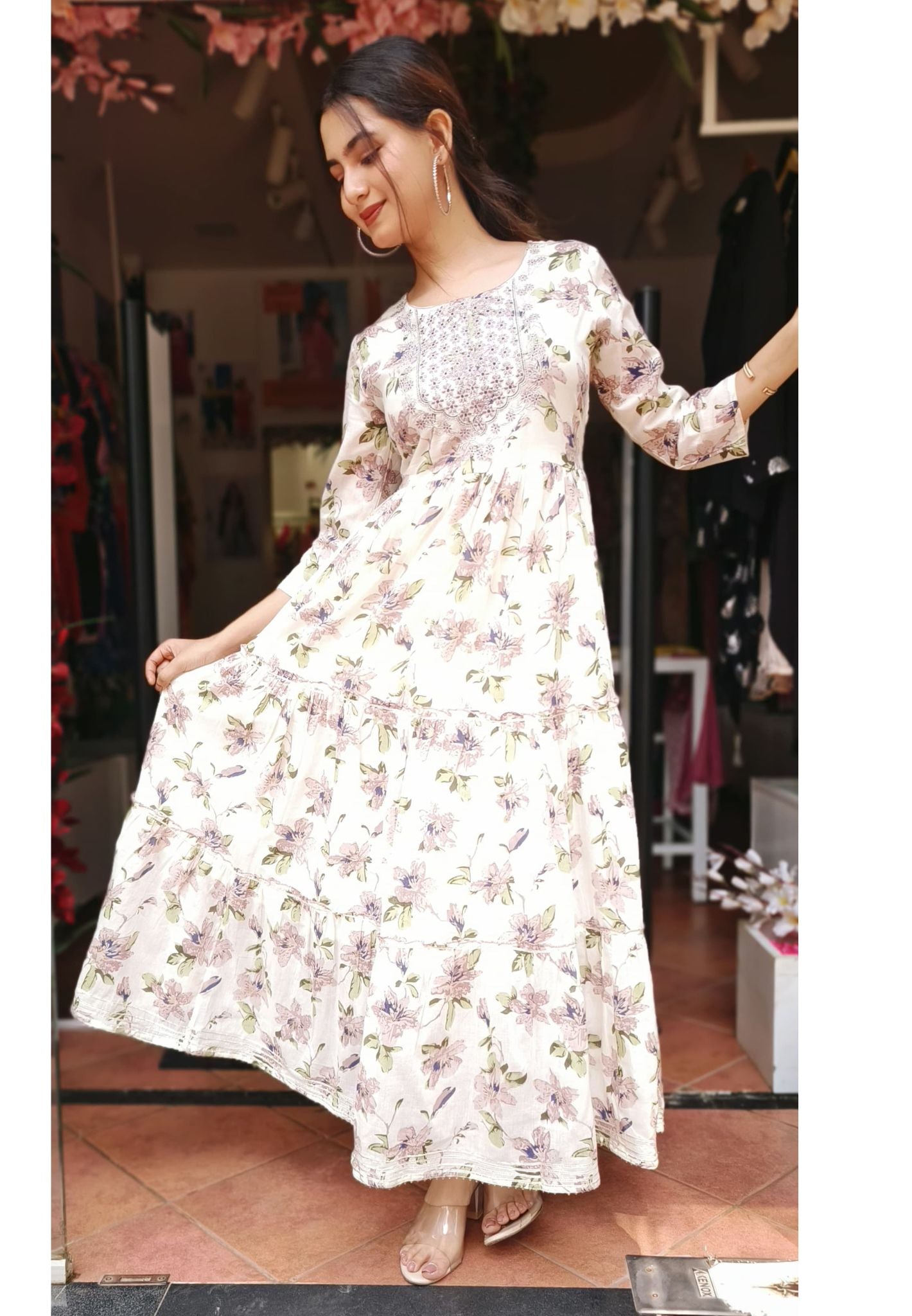 Flower Printed Cotton flare Gown-04491