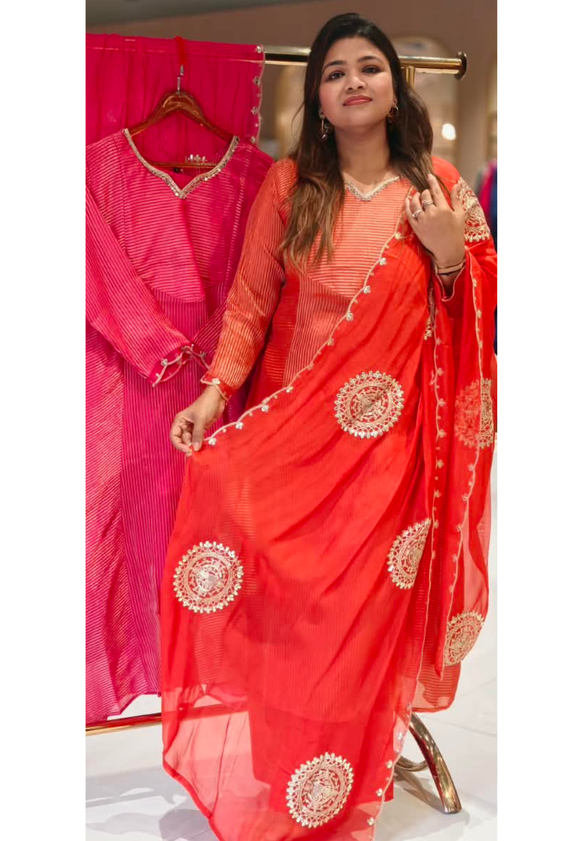 Highlighted Golden Stripe Touch Real Mirror Neckline Tissue A-Line Full Suit Set With Dupatta- 16761