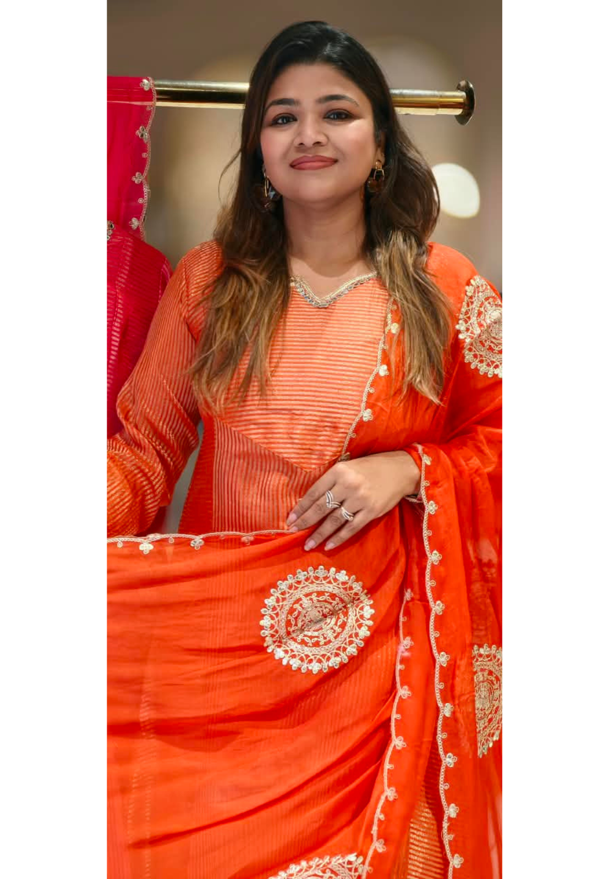 Highlighted Golden Stripe Touch Real Mirror Neckline Tissue A-Line Full Suit Set With Dupatta- 16761