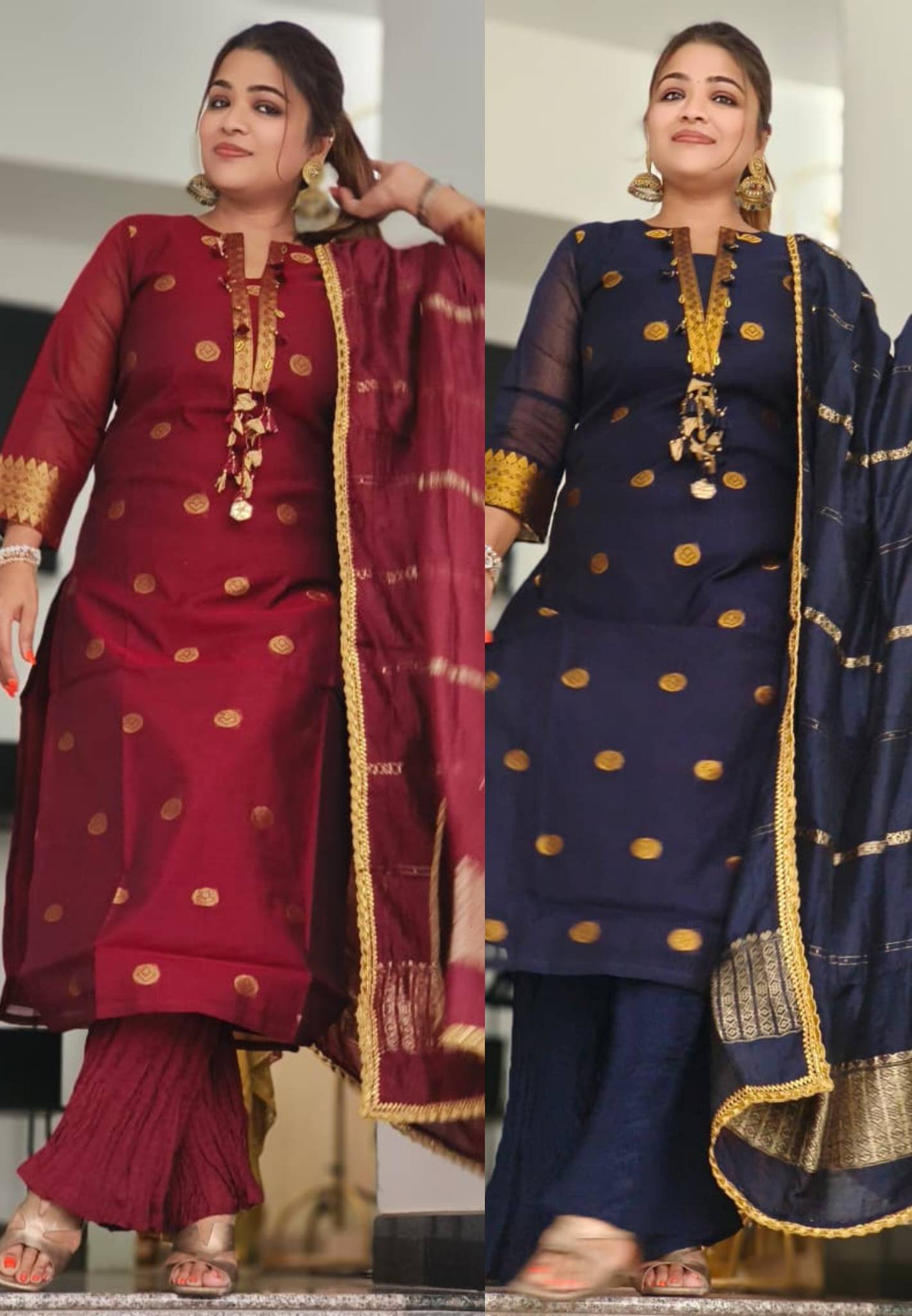 Pure Chanderi Golden Touch Front Tasseled Full Suit Set With Crush Bottom and Dupatta