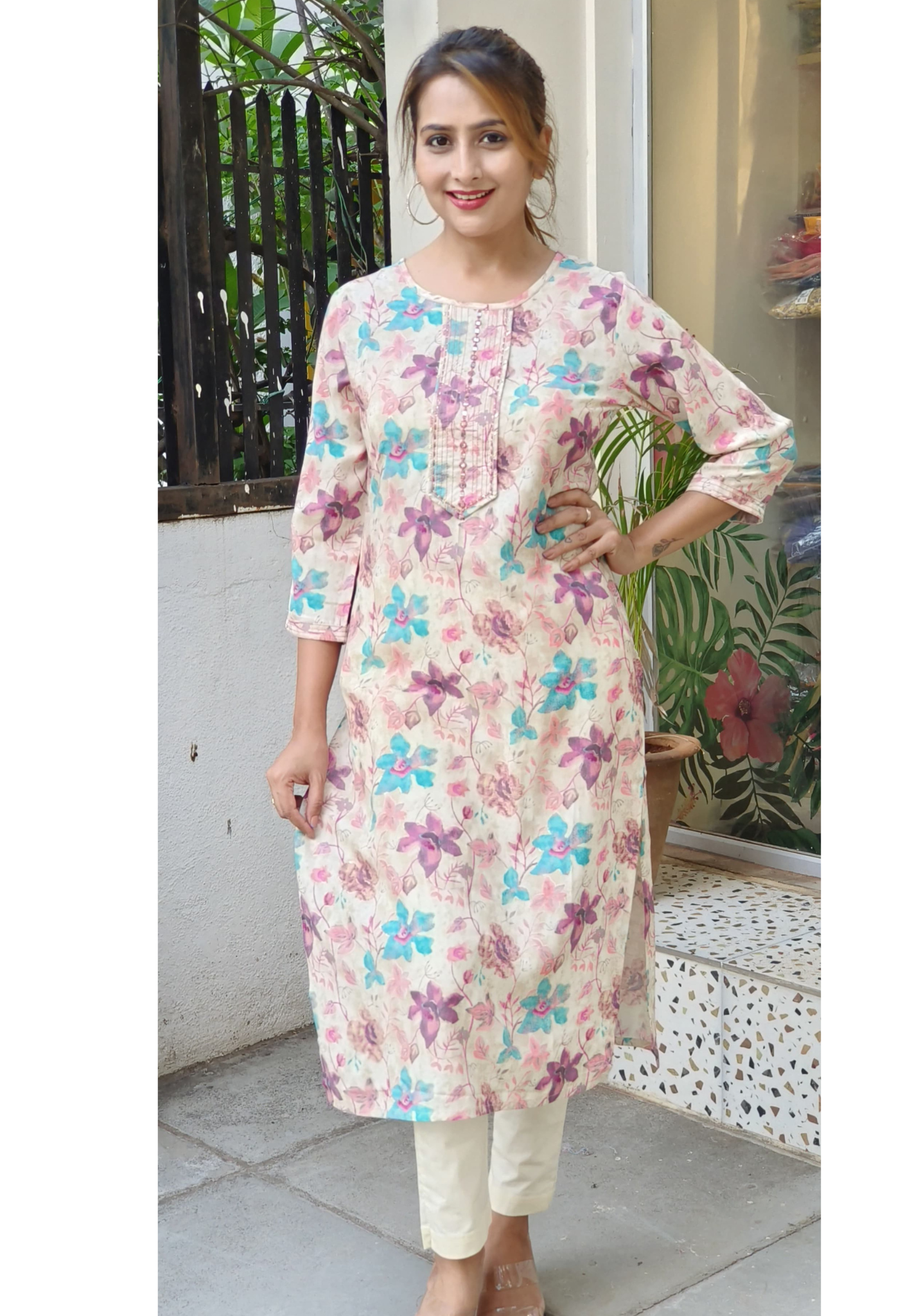 Foil Mirror Floral Slub Cotton floral only kurti -05403