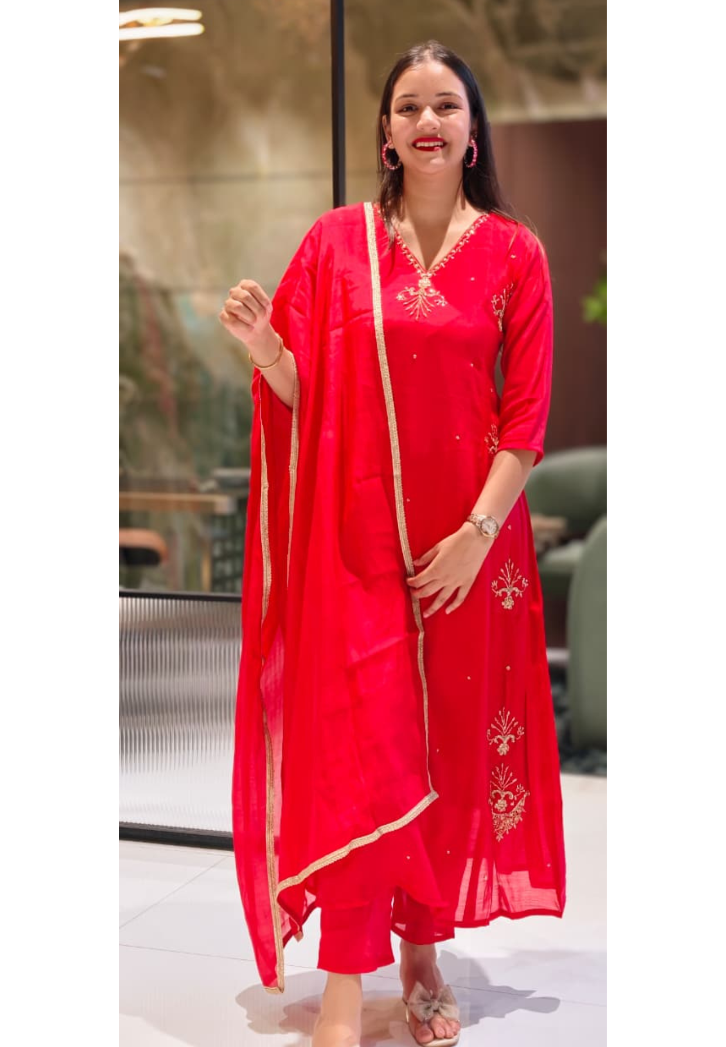 Zardosi Golden Work A-Line Full Suit Set With Dupatta In Surat Mul-Chanderi Fabric-13595