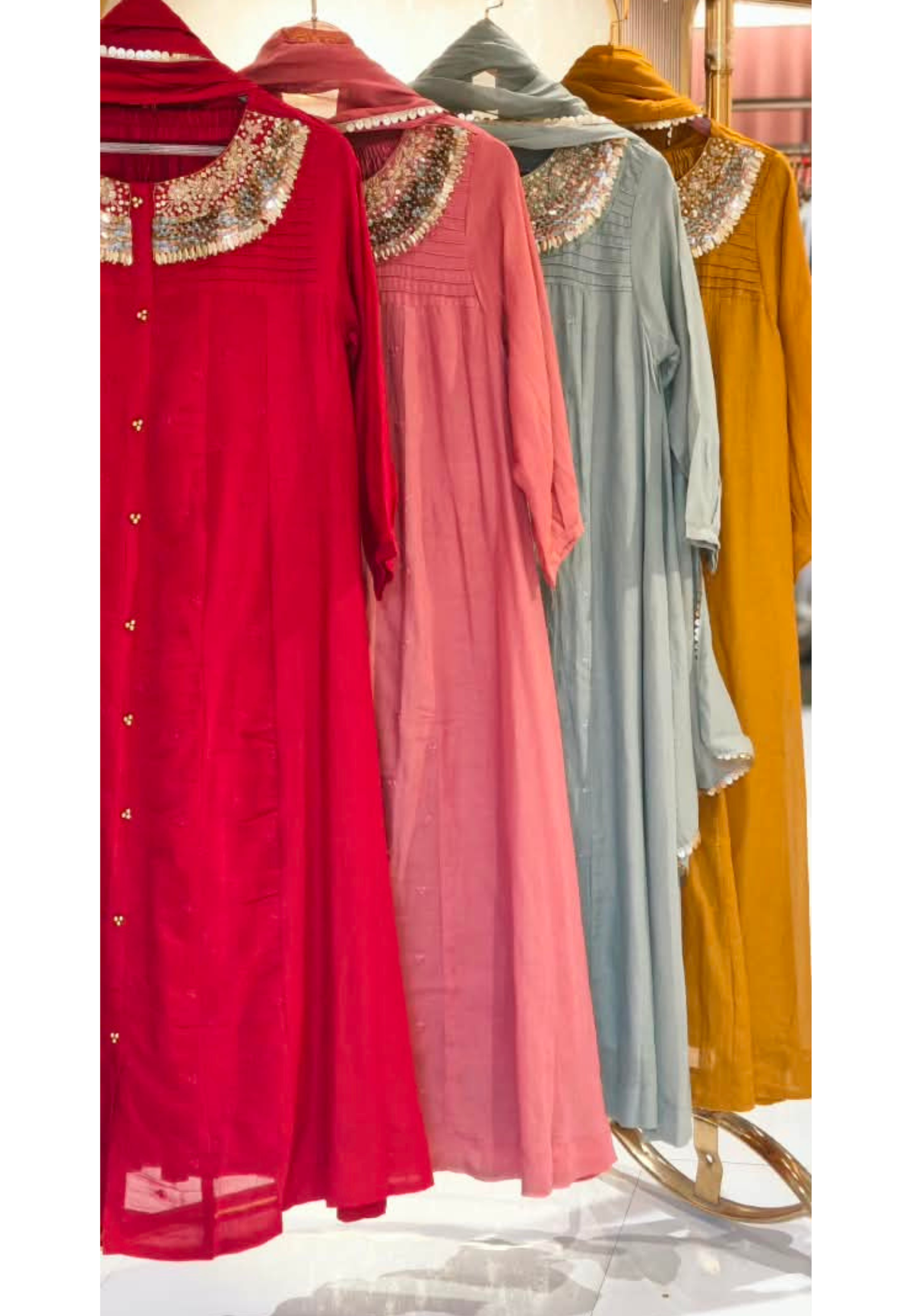 Banarasi Mul-Chanderi Heavy Sequin Hand-Touch Neckline Spotted Embroidery Solid A-Line Full Suit Set With Dupatta- 16756