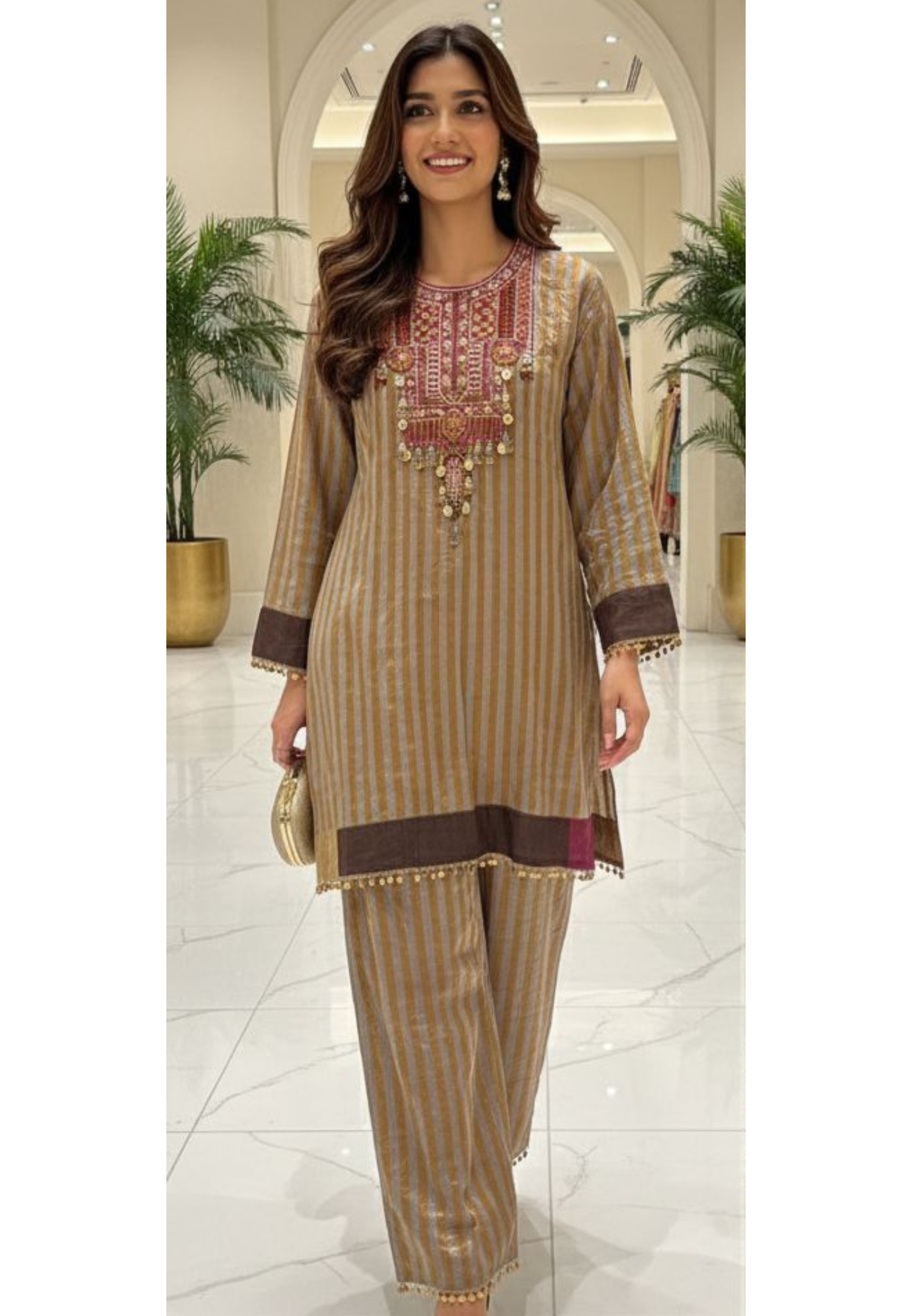 Premium Tissue Tiny Foil Hangs Boho Hand Worked Front Design Striped Kurta With Bottom Set- 12788