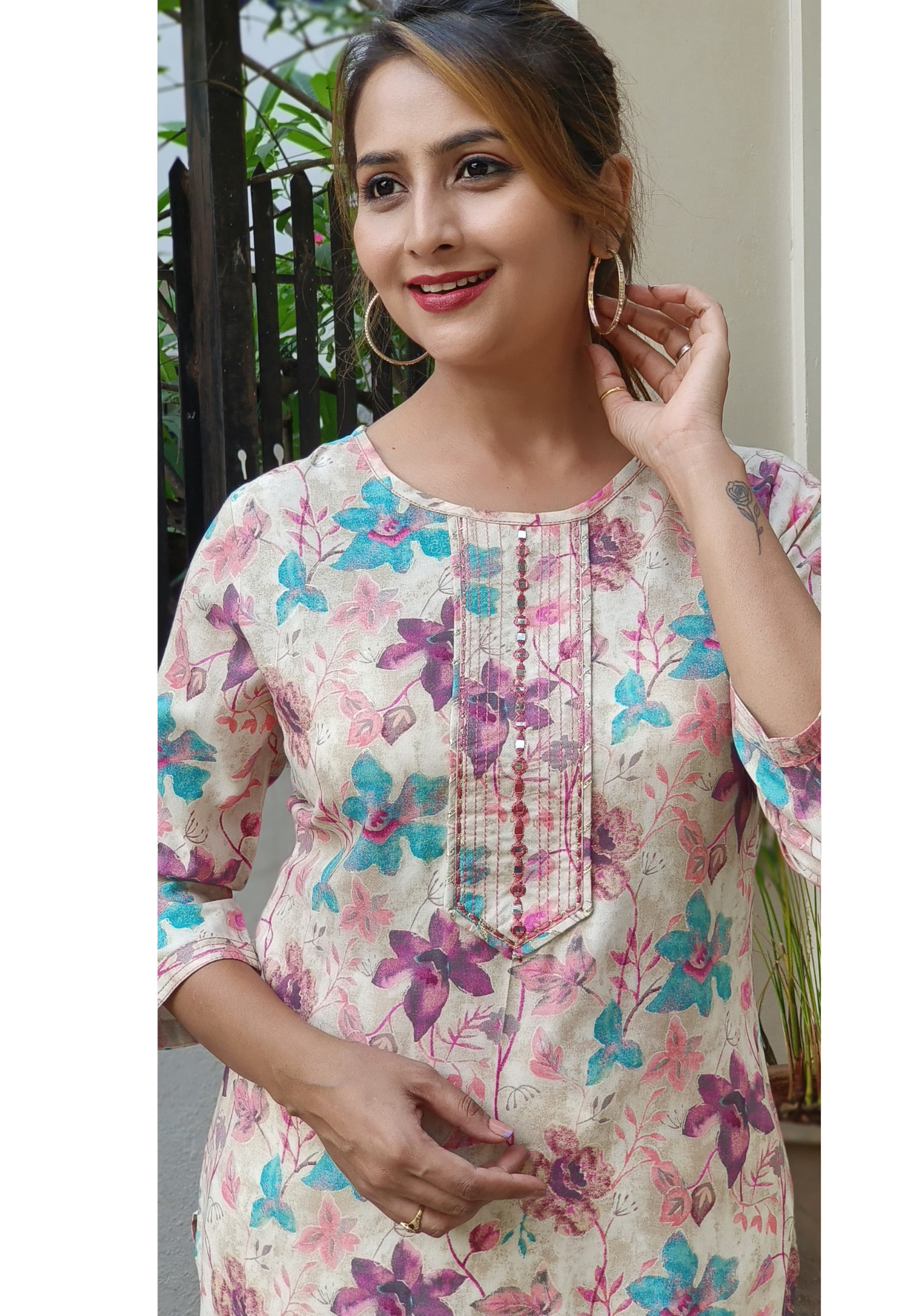 Foil Mirror Floral Slub Cotton floral only kurti -05403