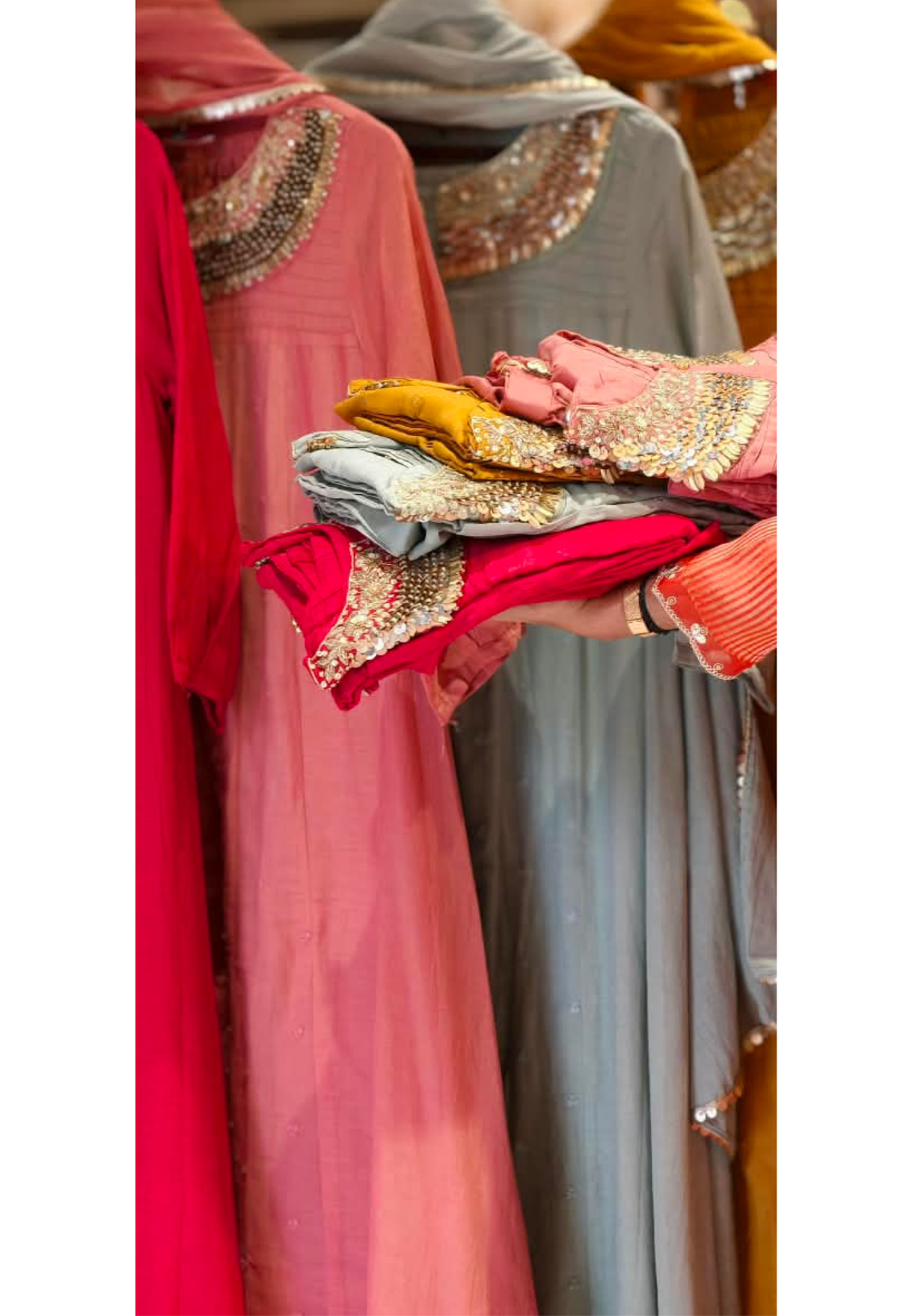 Banarasi Mul-Chanderi Heavy Sequin Hand-Touch Neckline Spotted Embroidery Solid A-Line Full Suit Set With Dupatta- 16756
