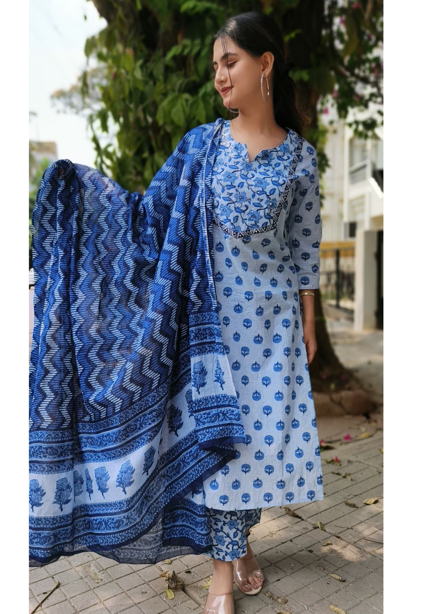 Cotton Blue Summer Floral Full Suit Cotton  Dupatta-04539