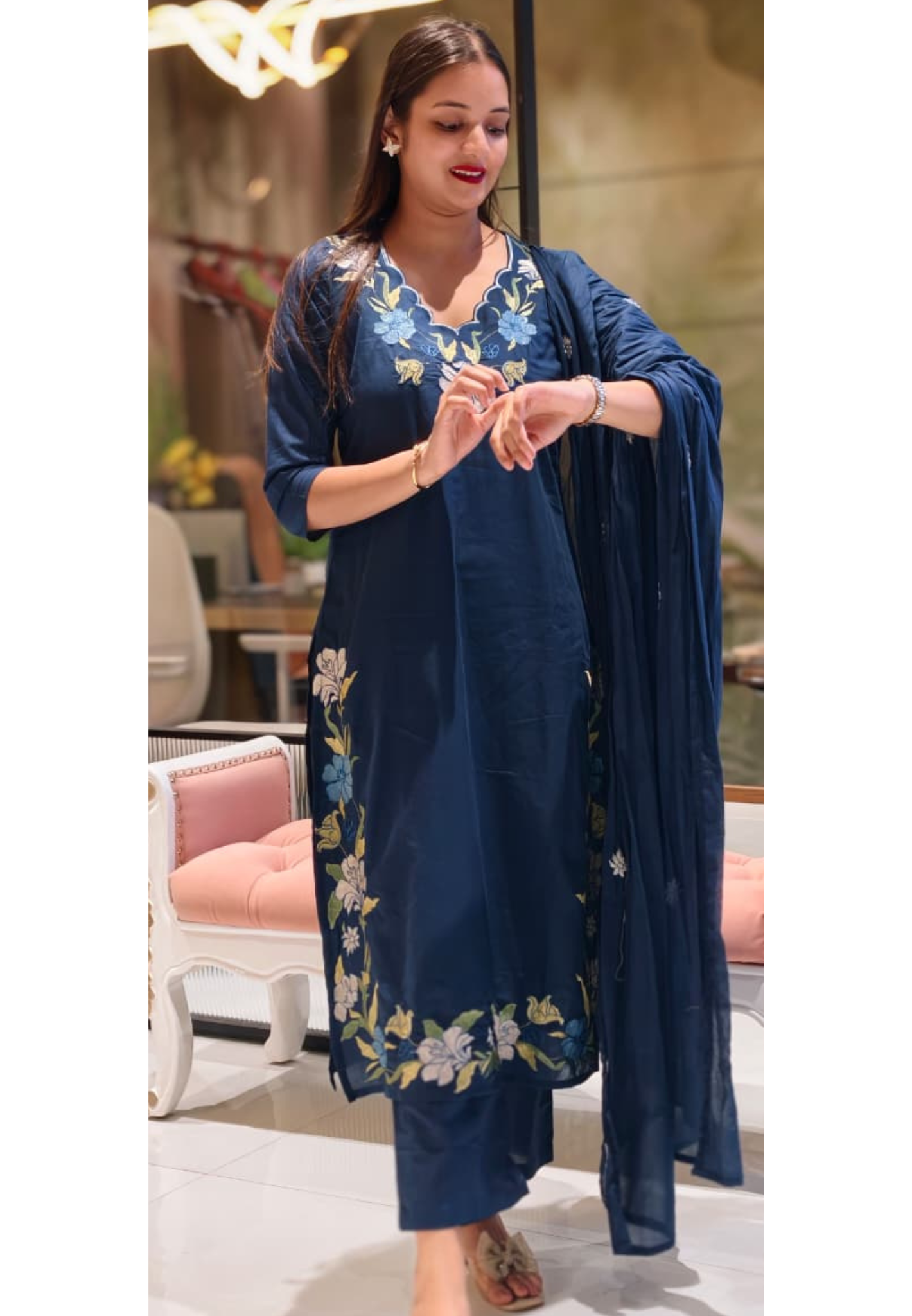 Uniquely Floral Embroidered Cut-Work Neck & Slit Line Solid Full Suit Set With Dupatta In Cotton Fabric- 13497