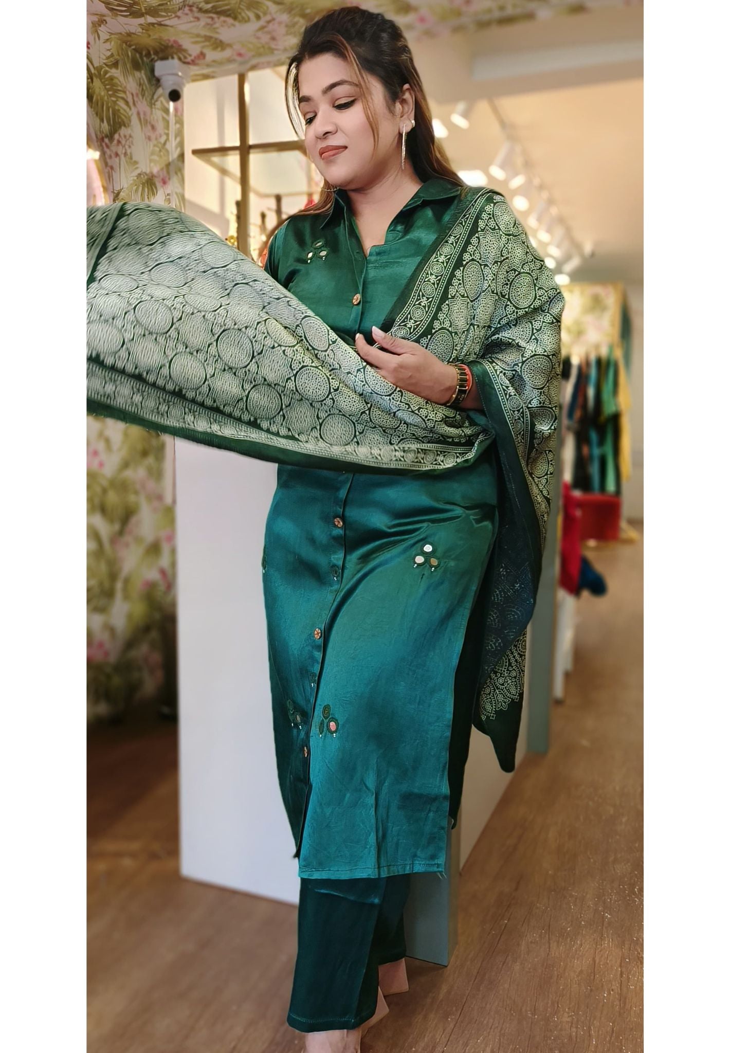 Gajji Silk Mirror Embroidered kurta with pant set and beautiful Printed Gajji Silkdupatta DRY WASH-04631