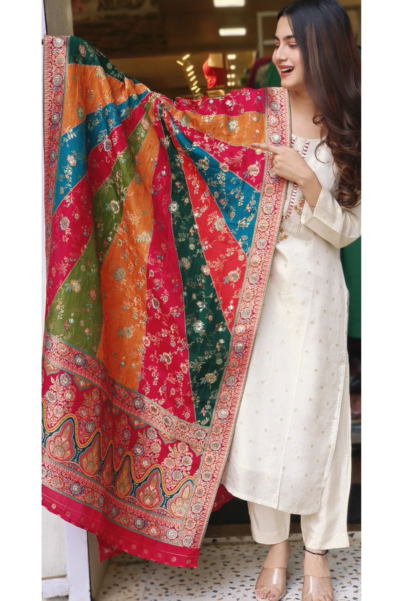 Beautiful Embroidered Shimmer Tissue Full Set  With Heavy Brocade MultiShade Dupatta-04508