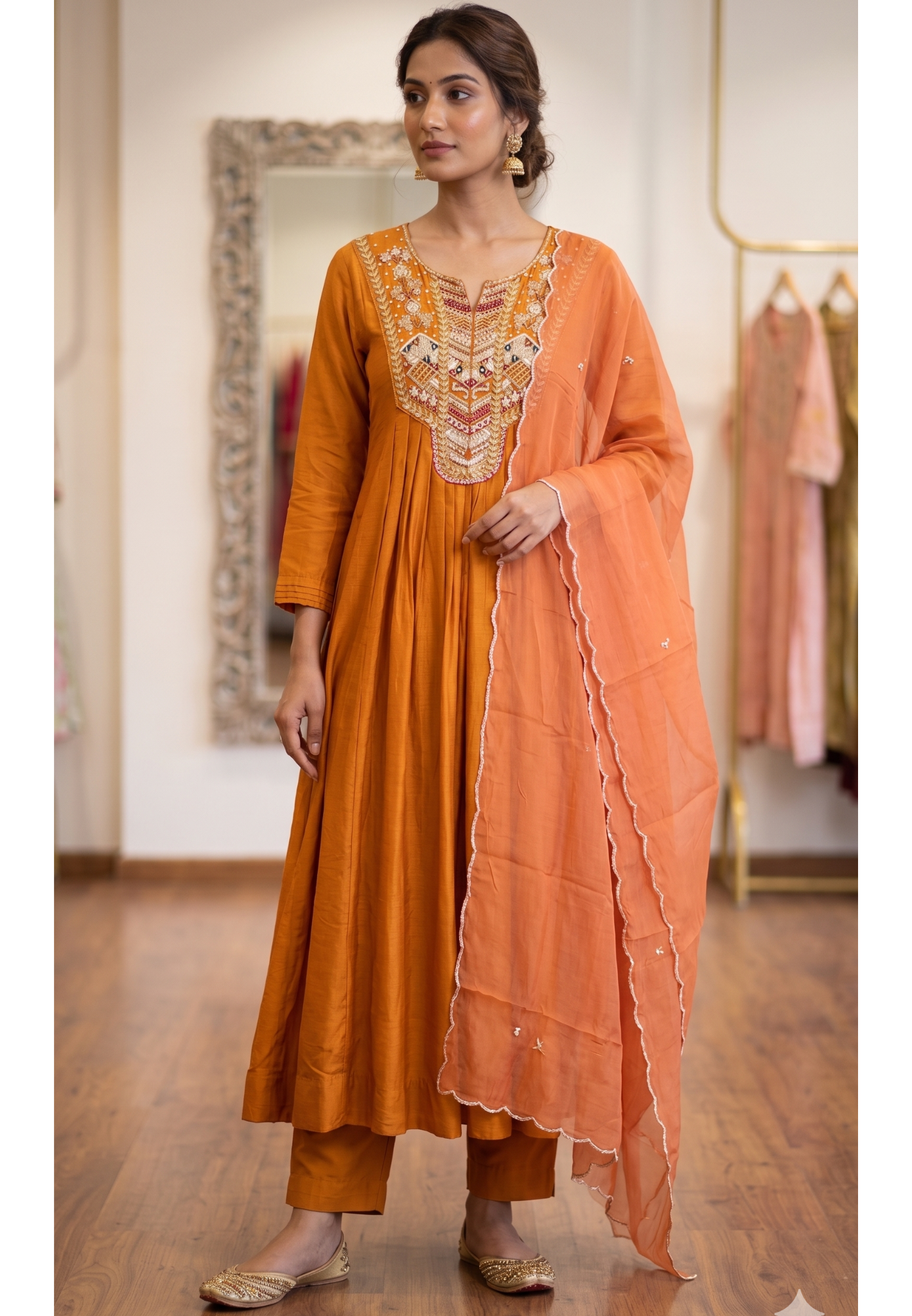 Vibrant Orange Zardosi Yoke Dola Silk Anarkali Full Suit Set With Organza Dupatta
