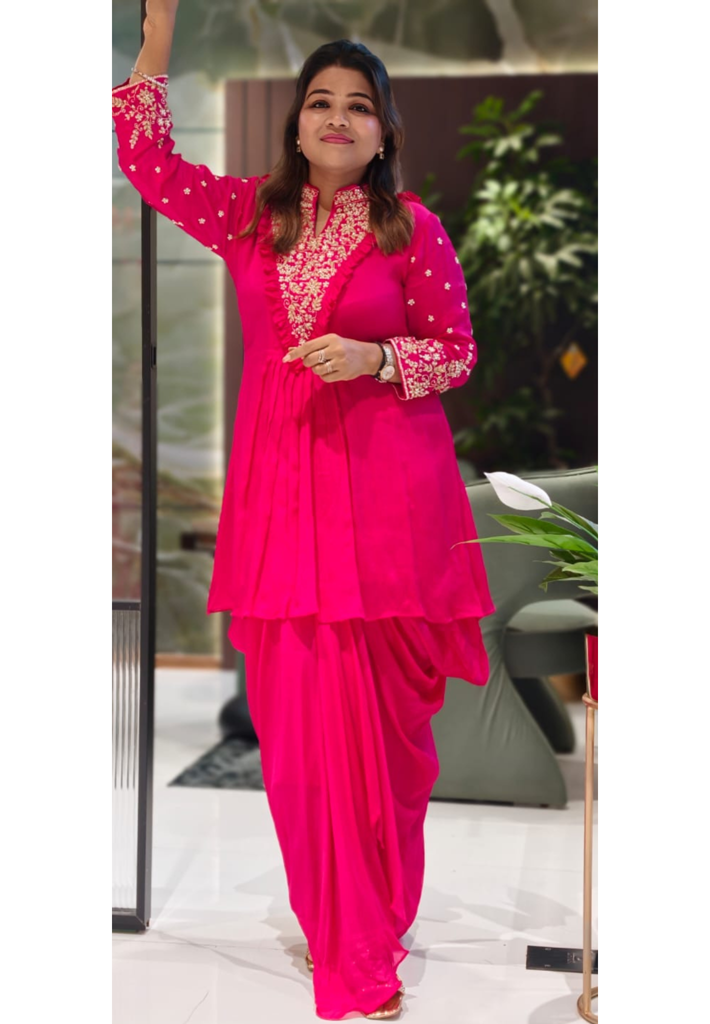 Noor-E-Zar Heavily Embroidered Boho Neck Chinon High Low Solid Kurta With Dhoti Skirt- 12974