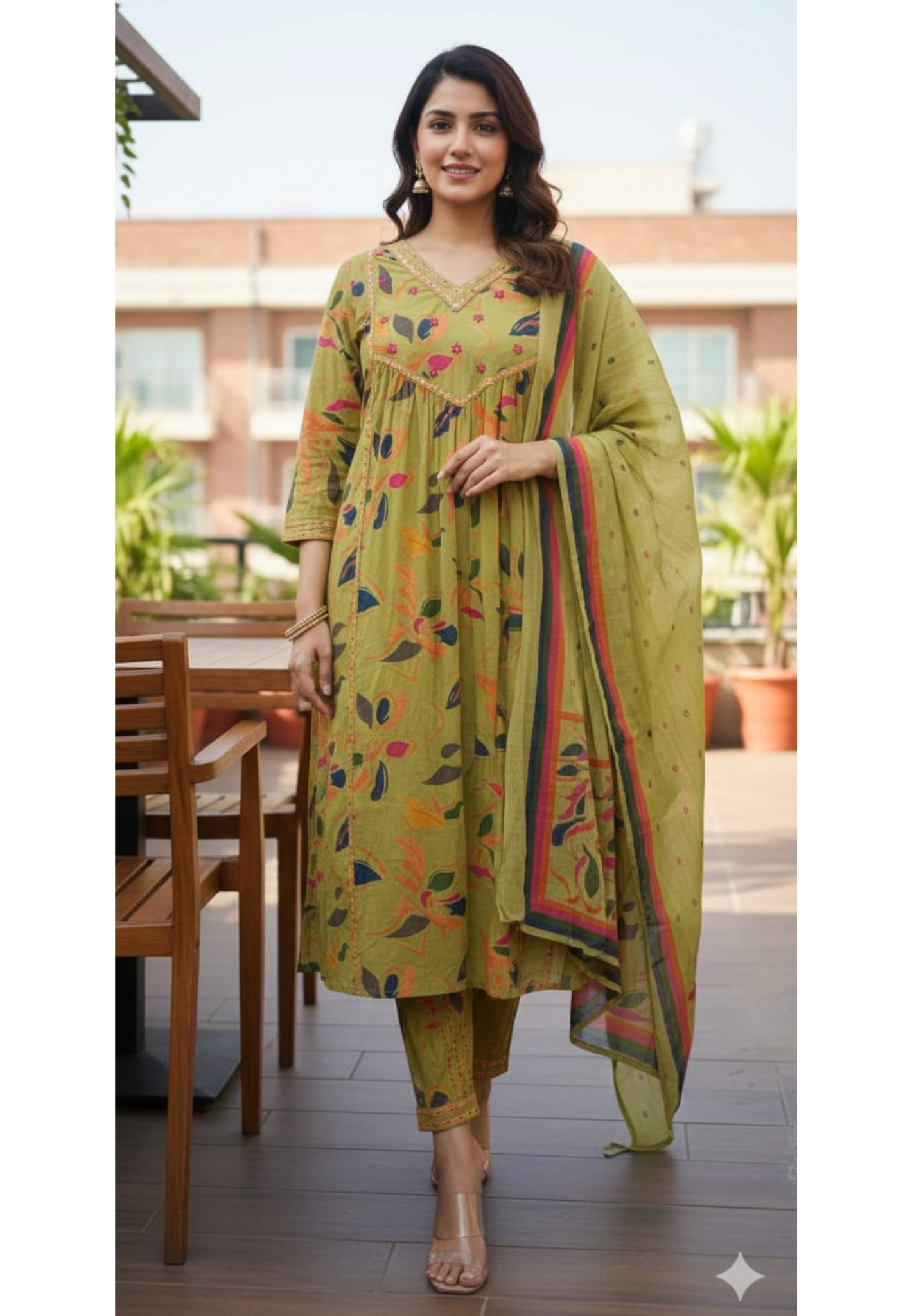 Lime Green Printed Cotton Floral Embellished V-Neckline  Elegant Panel Detailing Full suit 13680