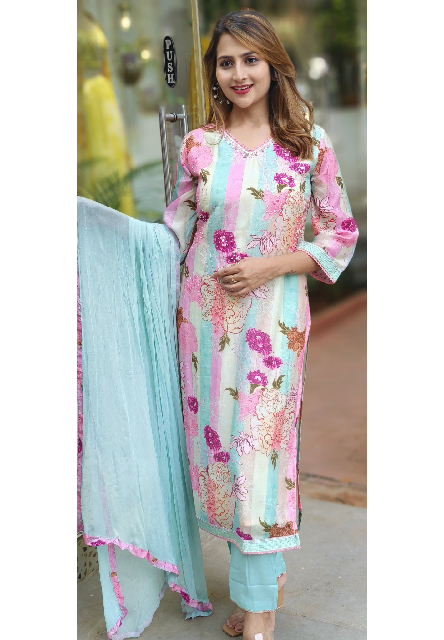 Crosia lace Embroidered Neck Colourful Muslin Floral Print Full suit Set with Muslin Dupatta-05486