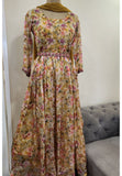 Style Yellow flower Organza  floral printed Gown with dupatta and belt {