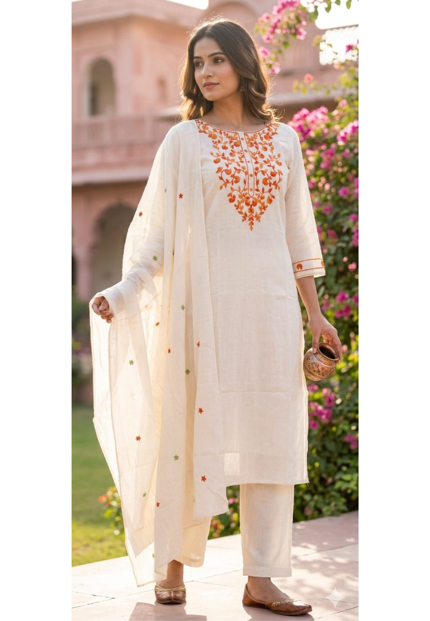 Elegant Off-White Kora Cotton Full Suit Set with Intricate Multi-Color Thread Embroidery