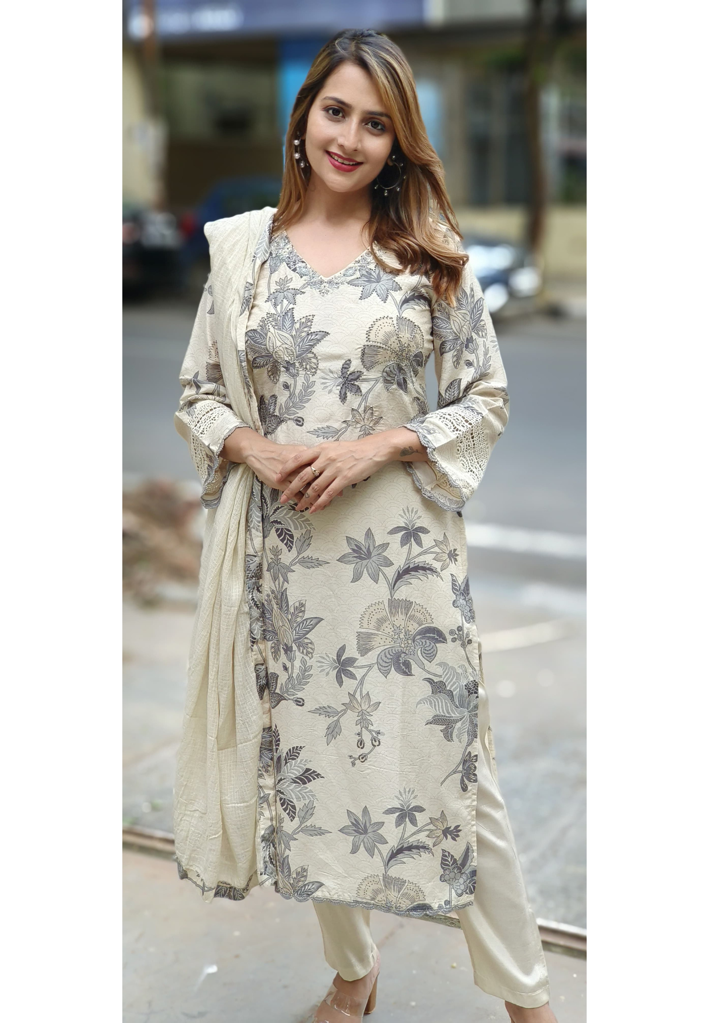 Muslin Floral Print Full suit Set with Kora Cotton Dupatta-05599