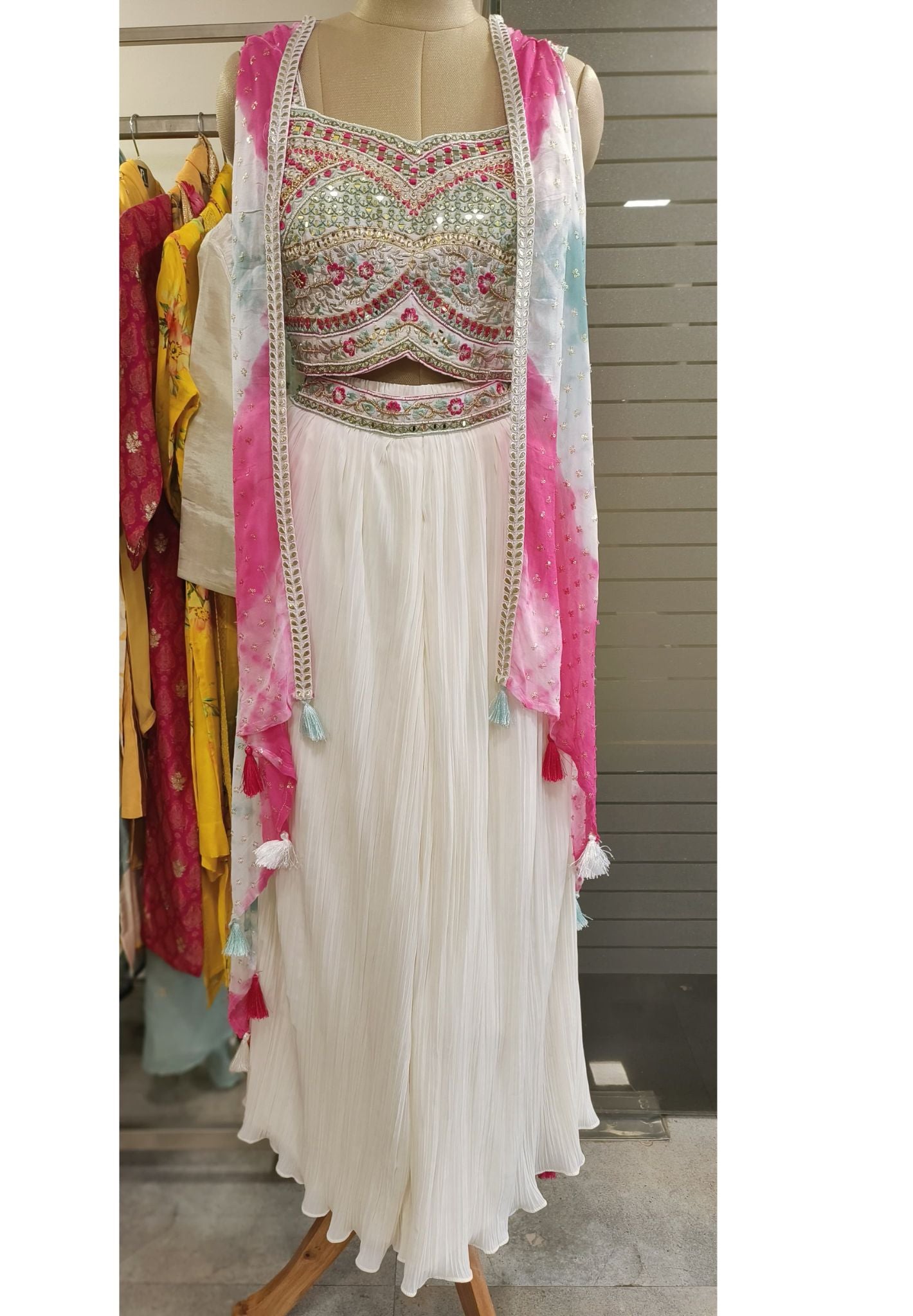 Stylish Indo-western Mirror Embroidered Crop Top With Crushed Palazzo And Shaded Shrug Set Drywashonly-04307