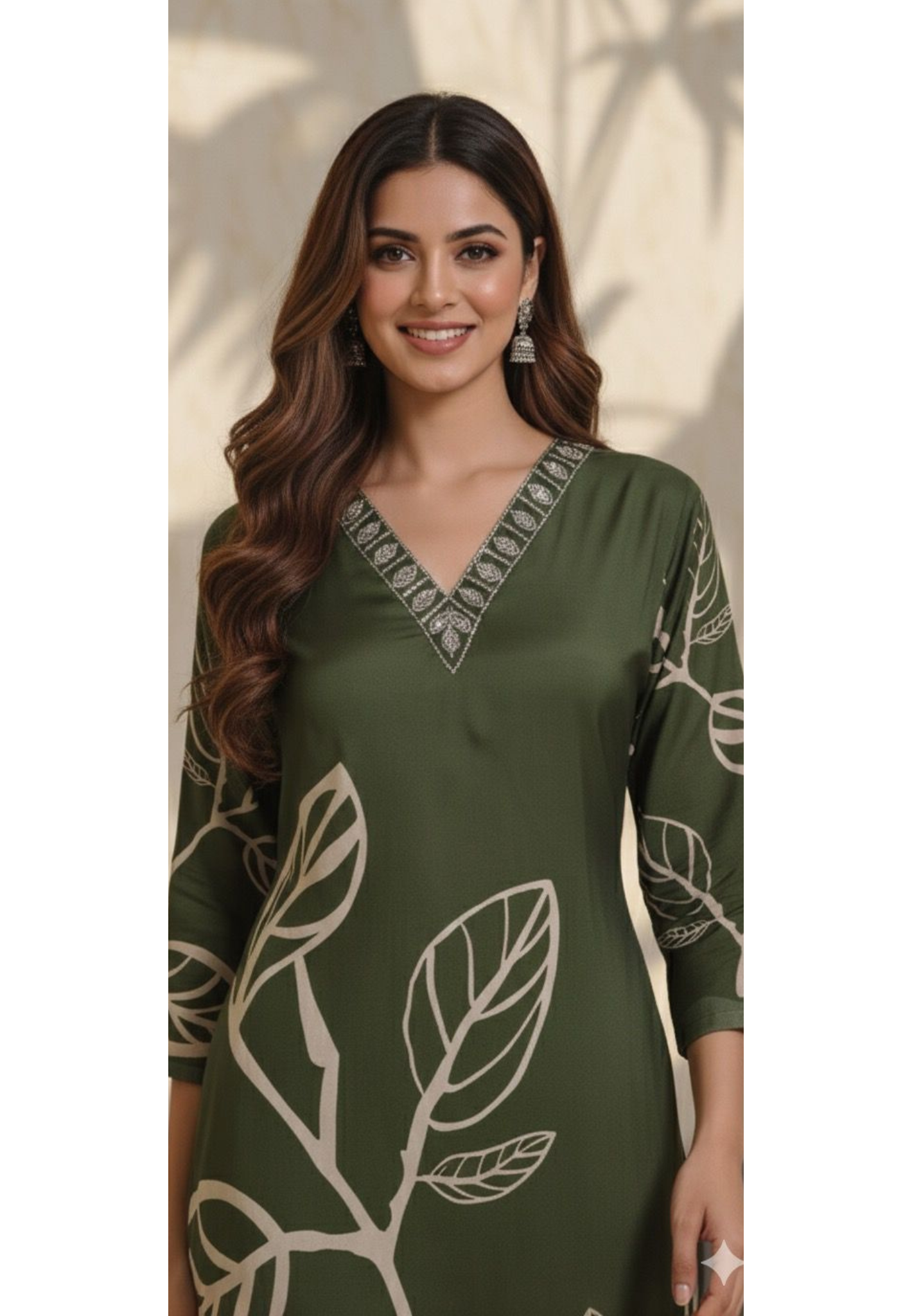 Gaint Leafy Print V-Neck Beads Worked Kurta Pant Set In Muslin Fabric- 11632, 11633, 11634, 11635