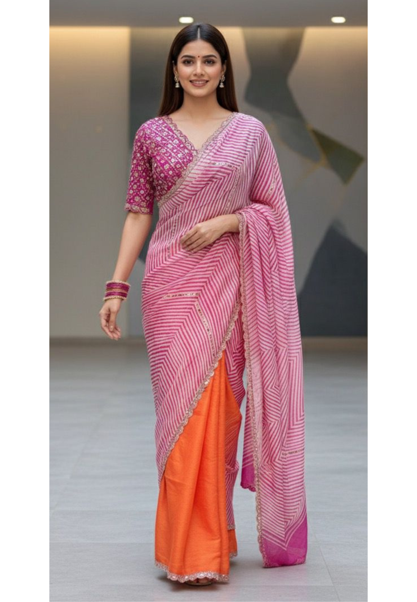 Leheriya Zig-Zag Beautifully Bordered Bright Saree With Stitched Blouse