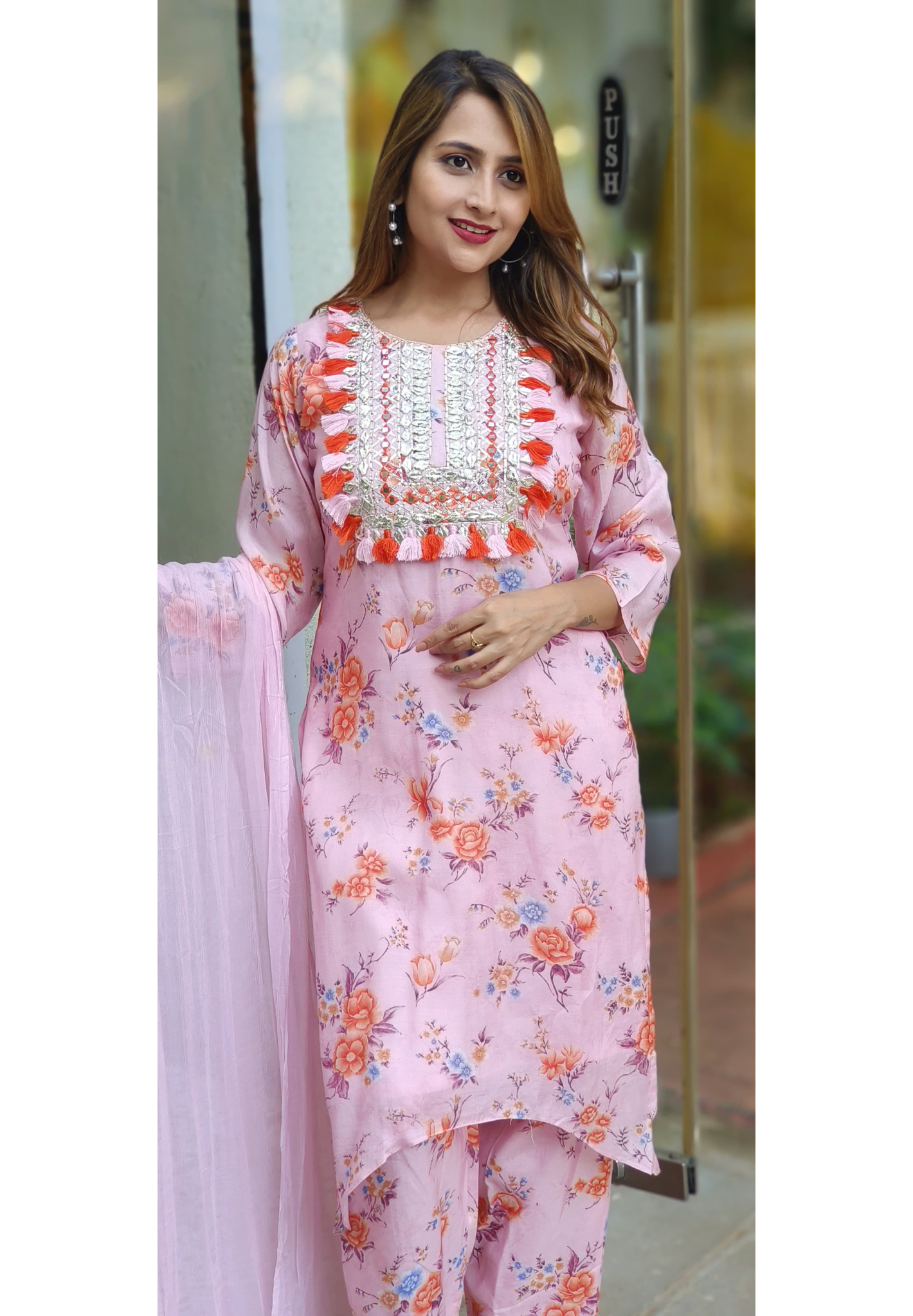 Muslin Floral embroidered Neck Full suit Set with Dupatta-05350