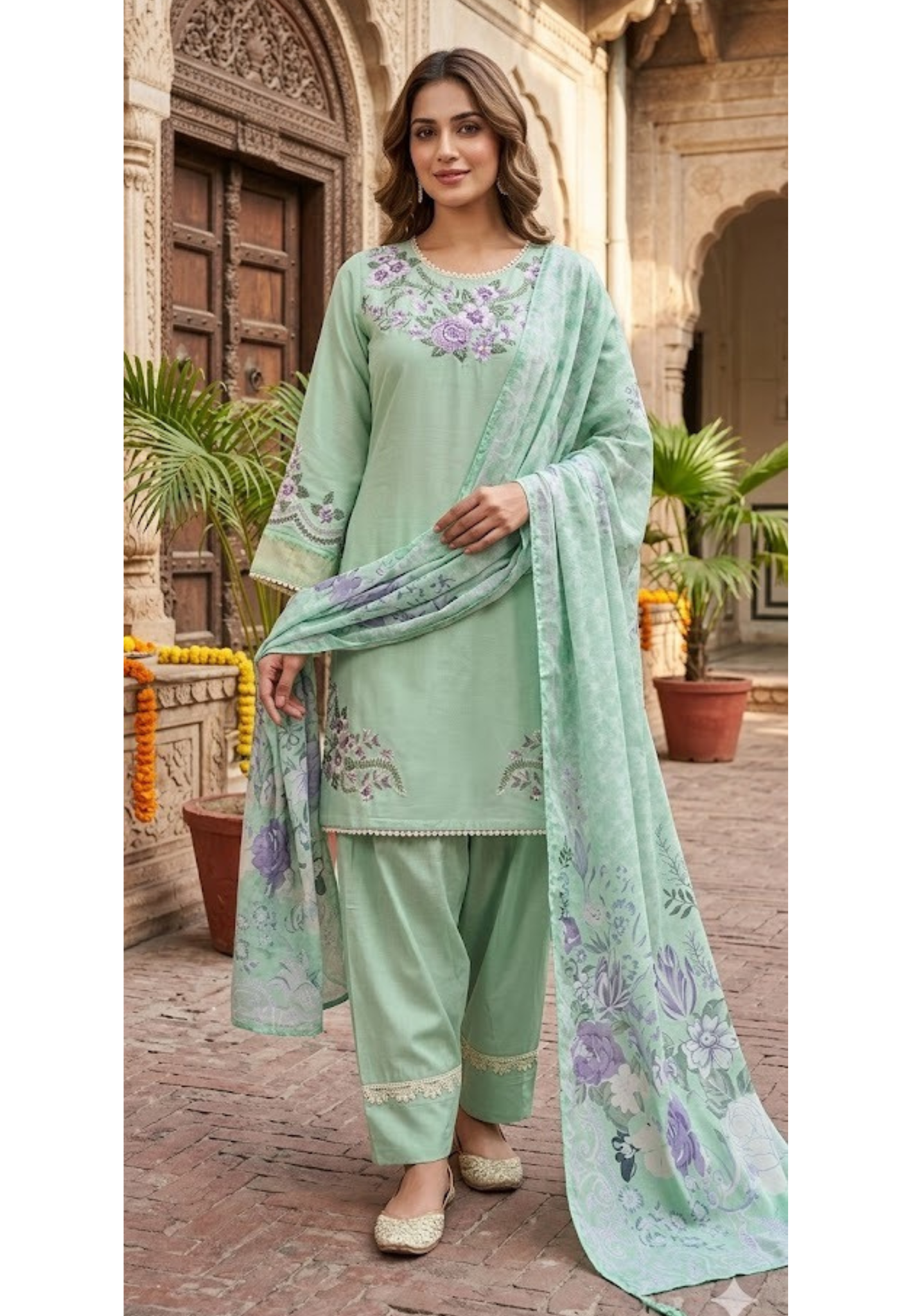 Mint Green Mul Cotton Flower Thread Embroidery Full suit with Farshi Salwar