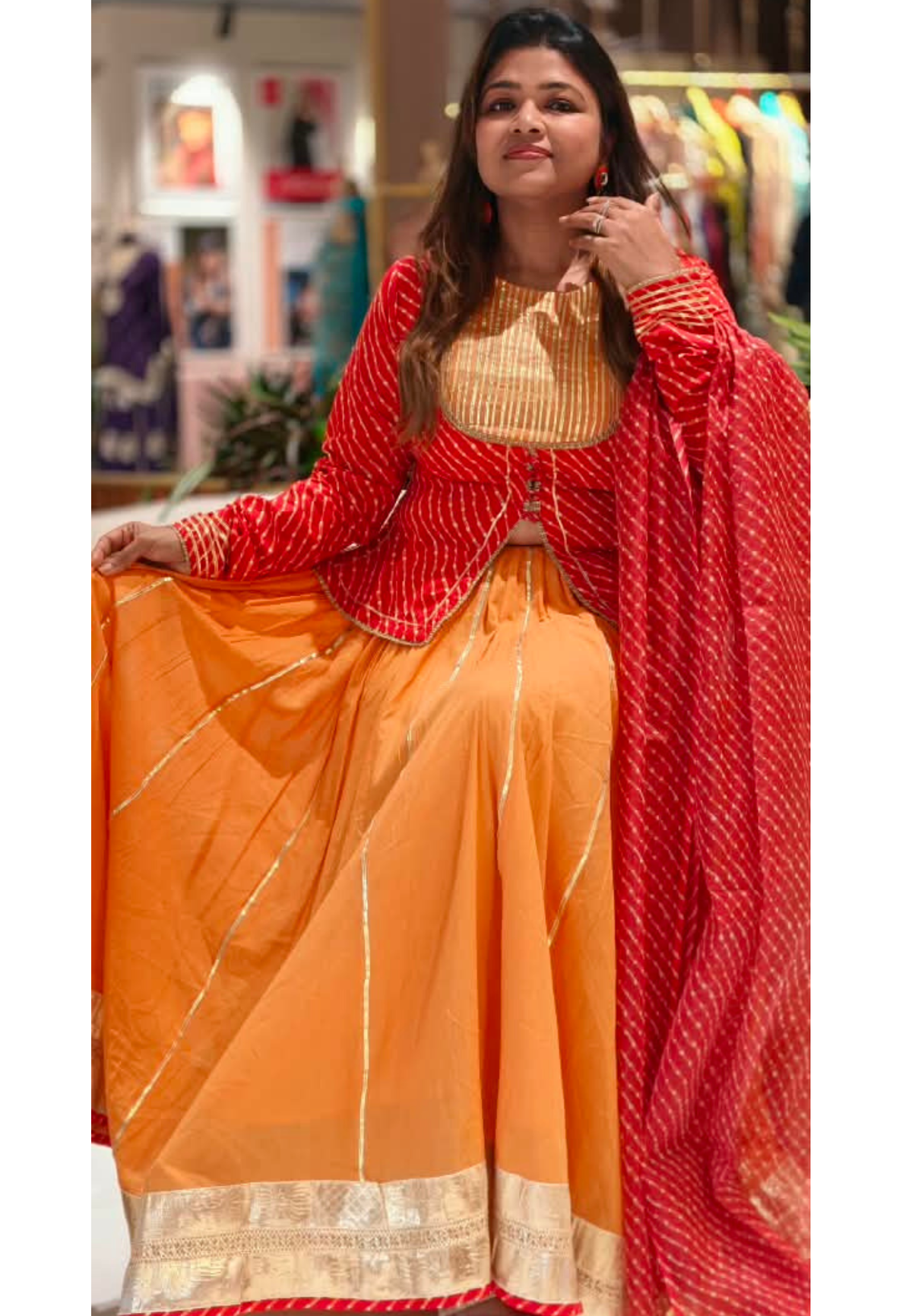 Festive Grace Leheriya Prints Gotta Patti Highlights Kota Doria Classic Front Slitted Kurta With Flared Contrasted Bottom & Dupatta- 16755