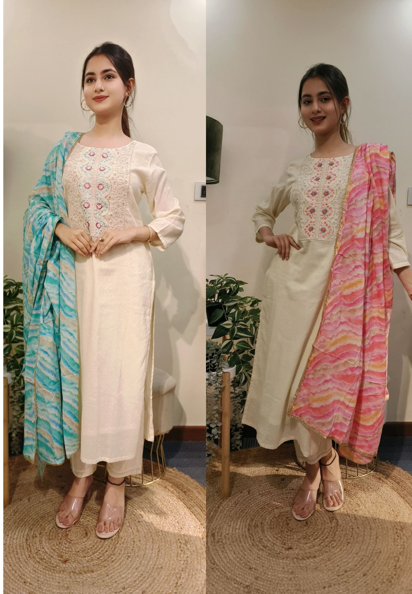 Embroidered Offwhite  Cotton Summer Full Suit with Lehriya Dupatta Set of 3-04425