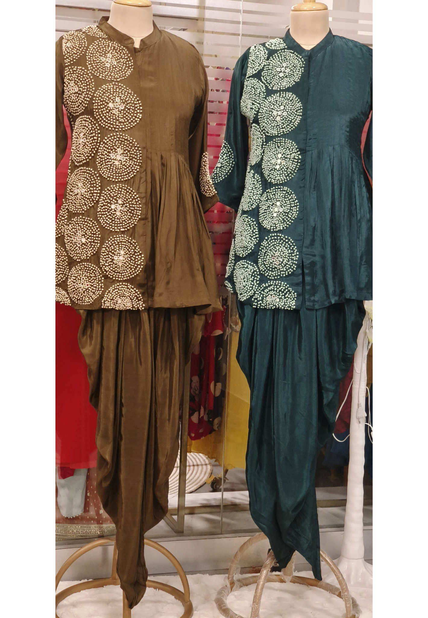 Chic Pure Crepe Indo-Western Peplum Top with Stylish Dhoti Pants – A Fusion of Elegance and Comfort with Embroidery-08596-08595