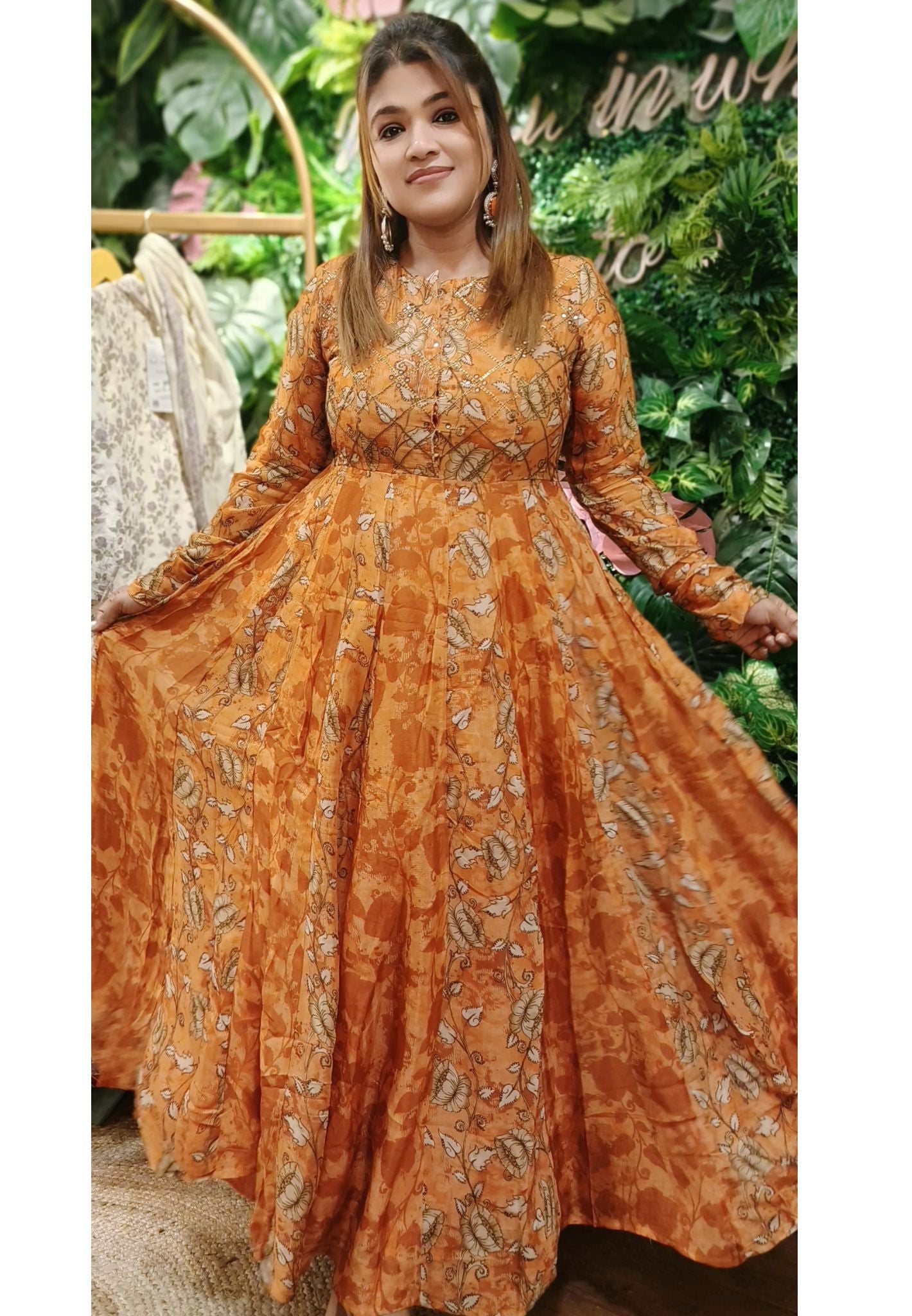 Beautiful chinon floral print long  Sleeves Gown 04691
