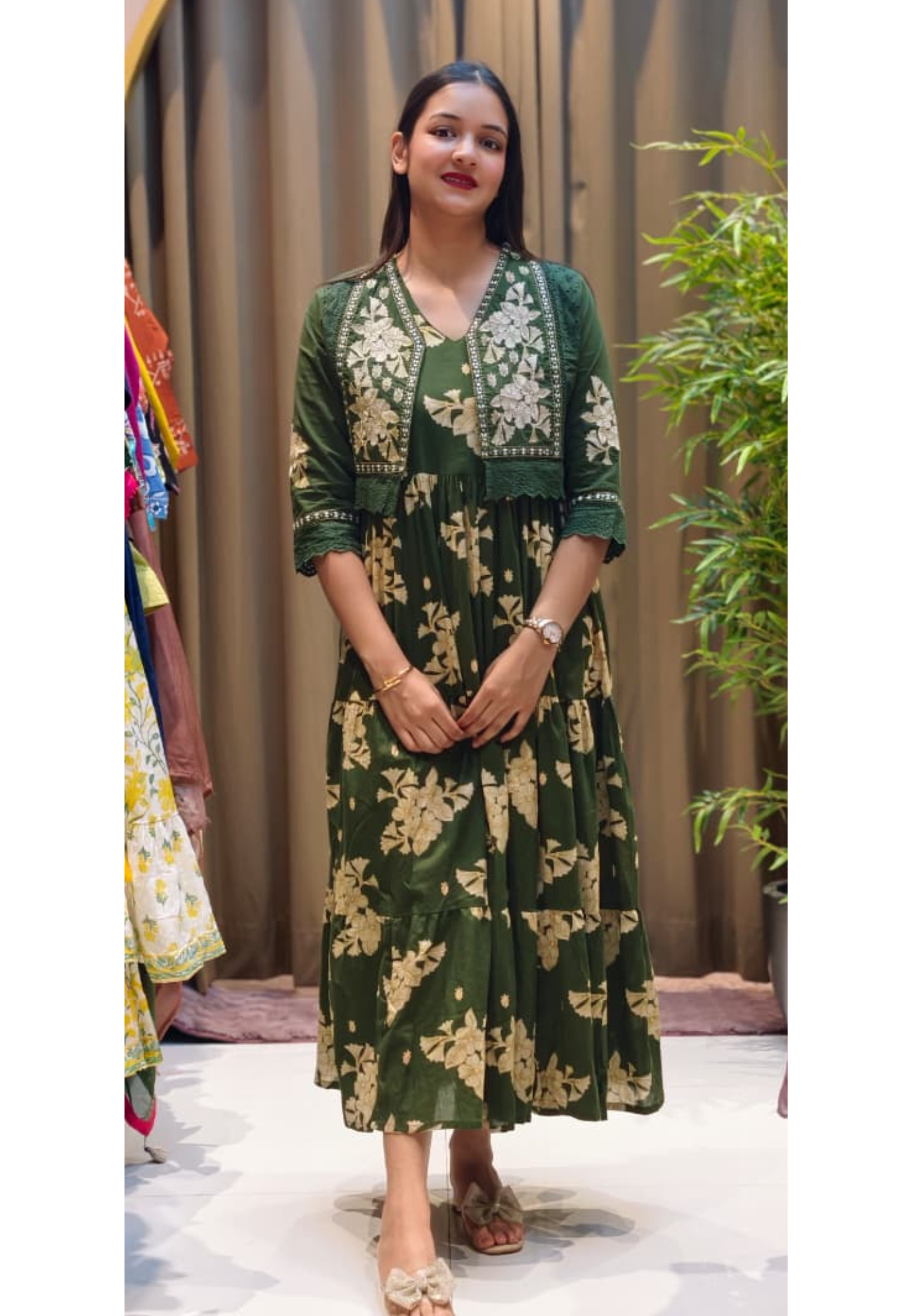 Beautiful Cut-Works Lace Bordered Jacket With Printed Gown In Cotton Fabric- 13588