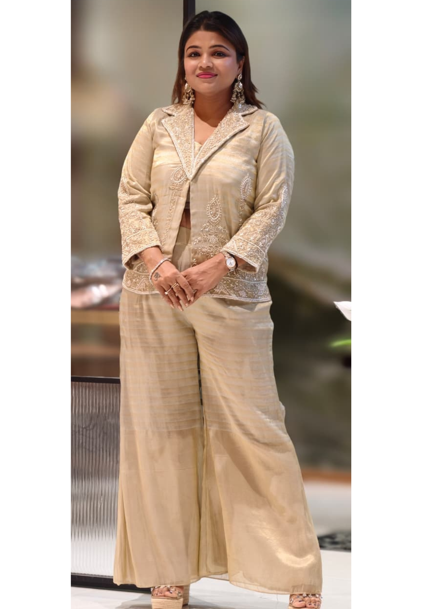 Elegant Tissue Royal Gold Embroidered Collared Jacket Type Kurta With Matching Pant- 12967