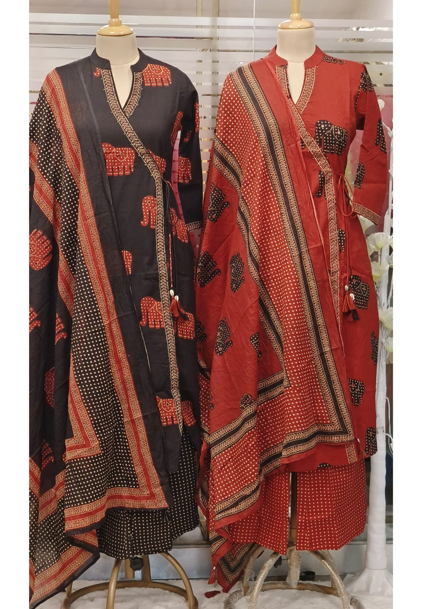 Pure Cotton Elephant prints and border Angrakha Pattern FullSuit Set with cotton printed Dupatta