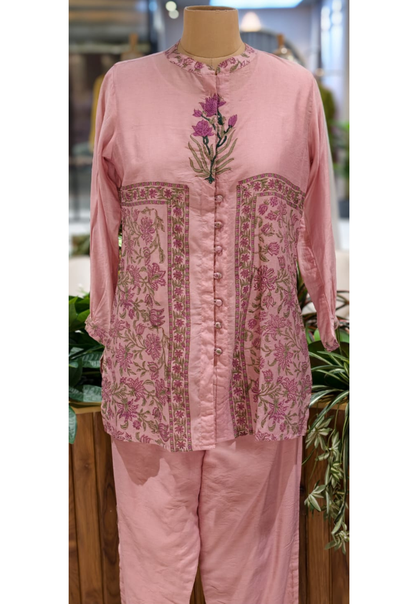 Placement Floral Art Buttoned Full Sleeve Collar Neck Cotton Co-Ord Set With Separate Inner- 12980