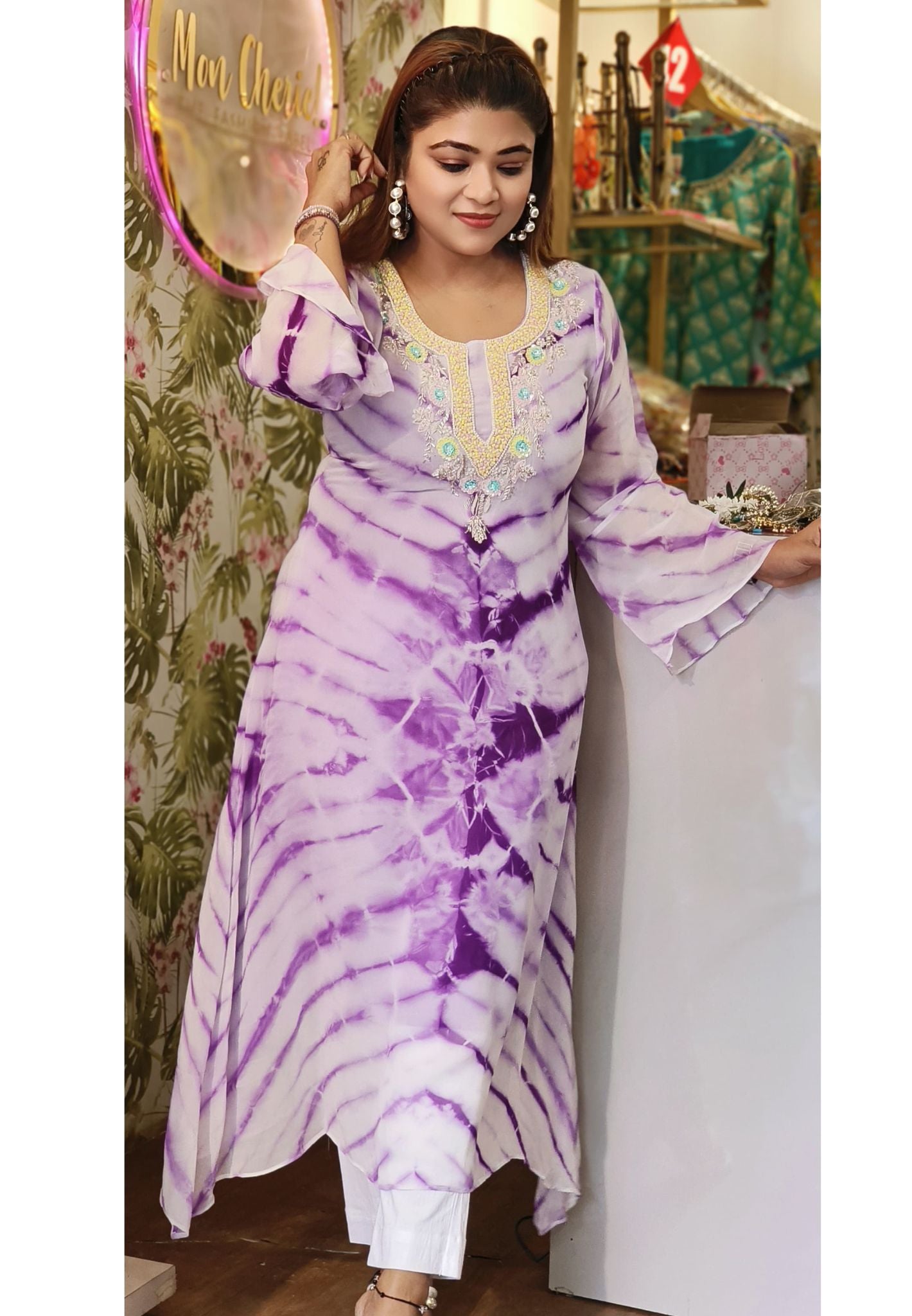 Printed shibory georgette Beautiful embroidery Aline only kurta with lining DRYWASH  Dispatching after 25 days-04850