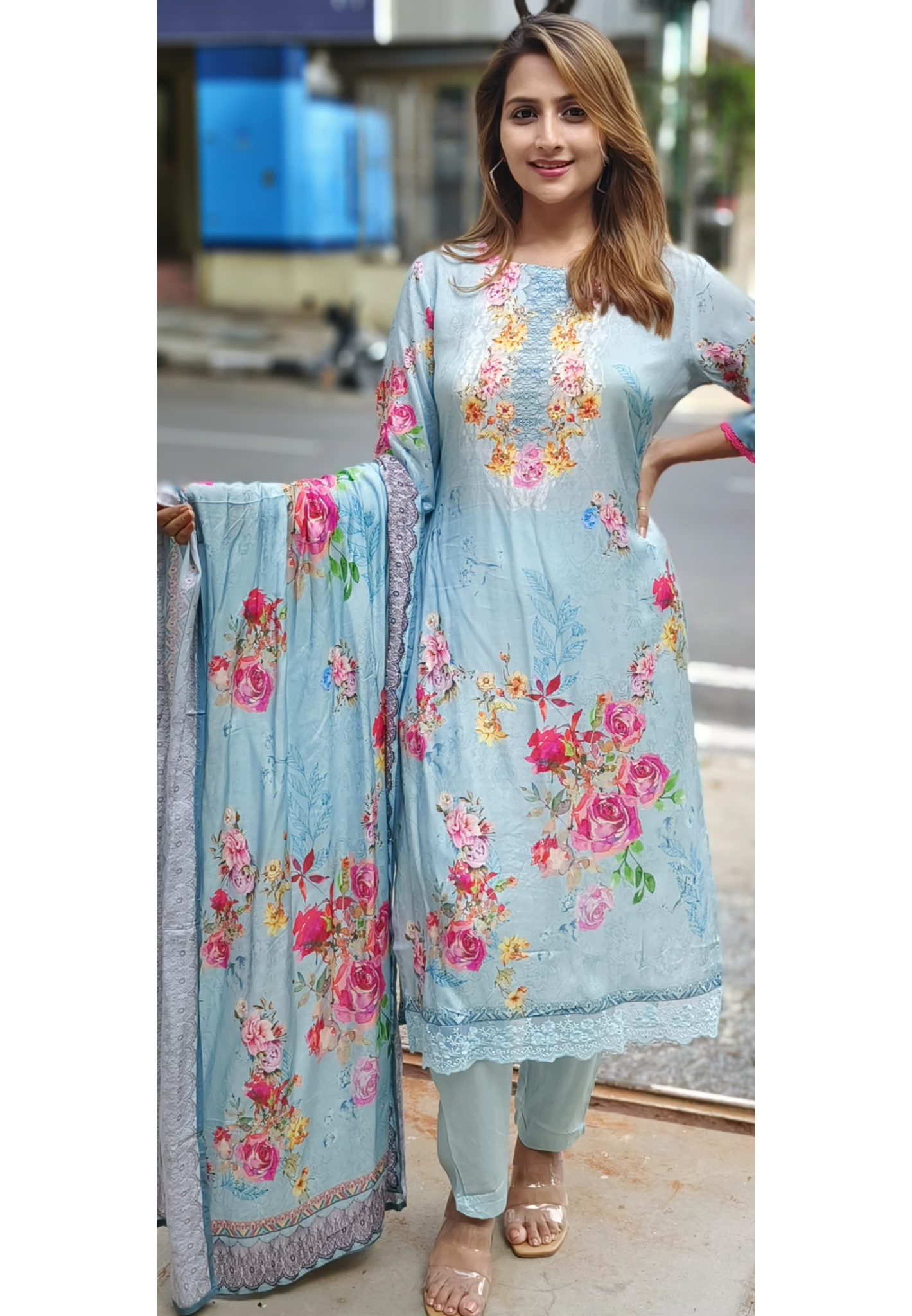 Ice Blue Muslin  Floral Print Full suit Set with Muslin Dupatta-03442