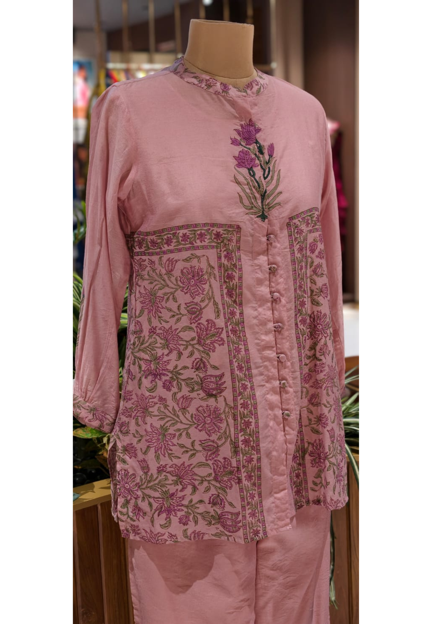 Placement Floral Art Buttoned Full Sleeve Collar Neck Cotton Co-Ord Set With Separate Inner- 12980