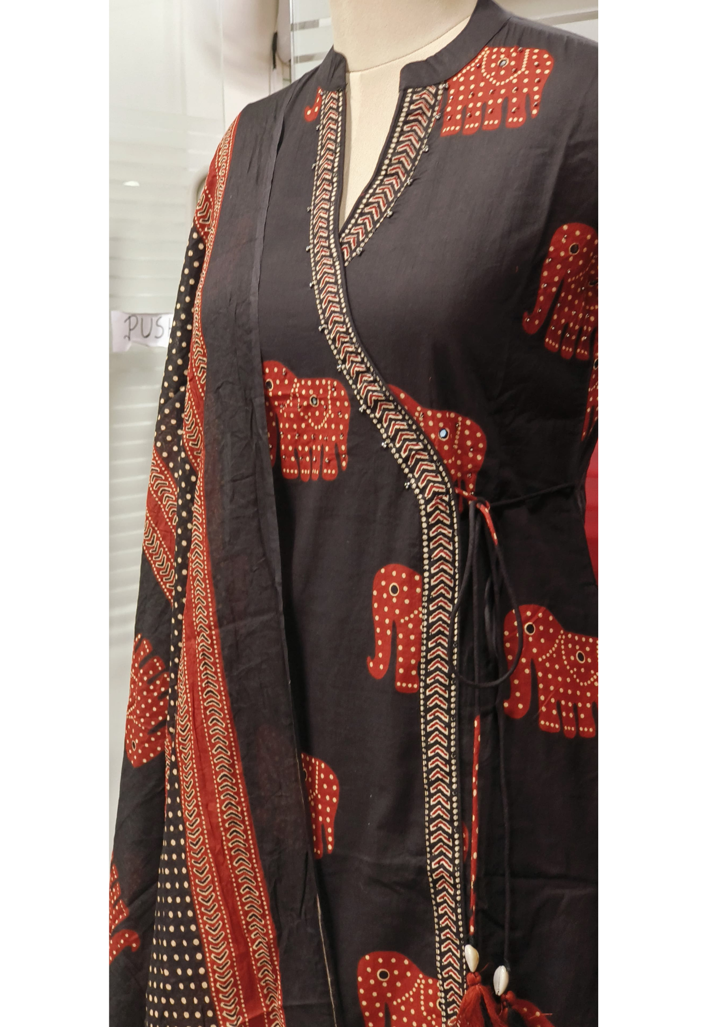 Pure Cotton Elephant prints and border Angrakha Pattern FullSuit Set with cotton printed Dupatta