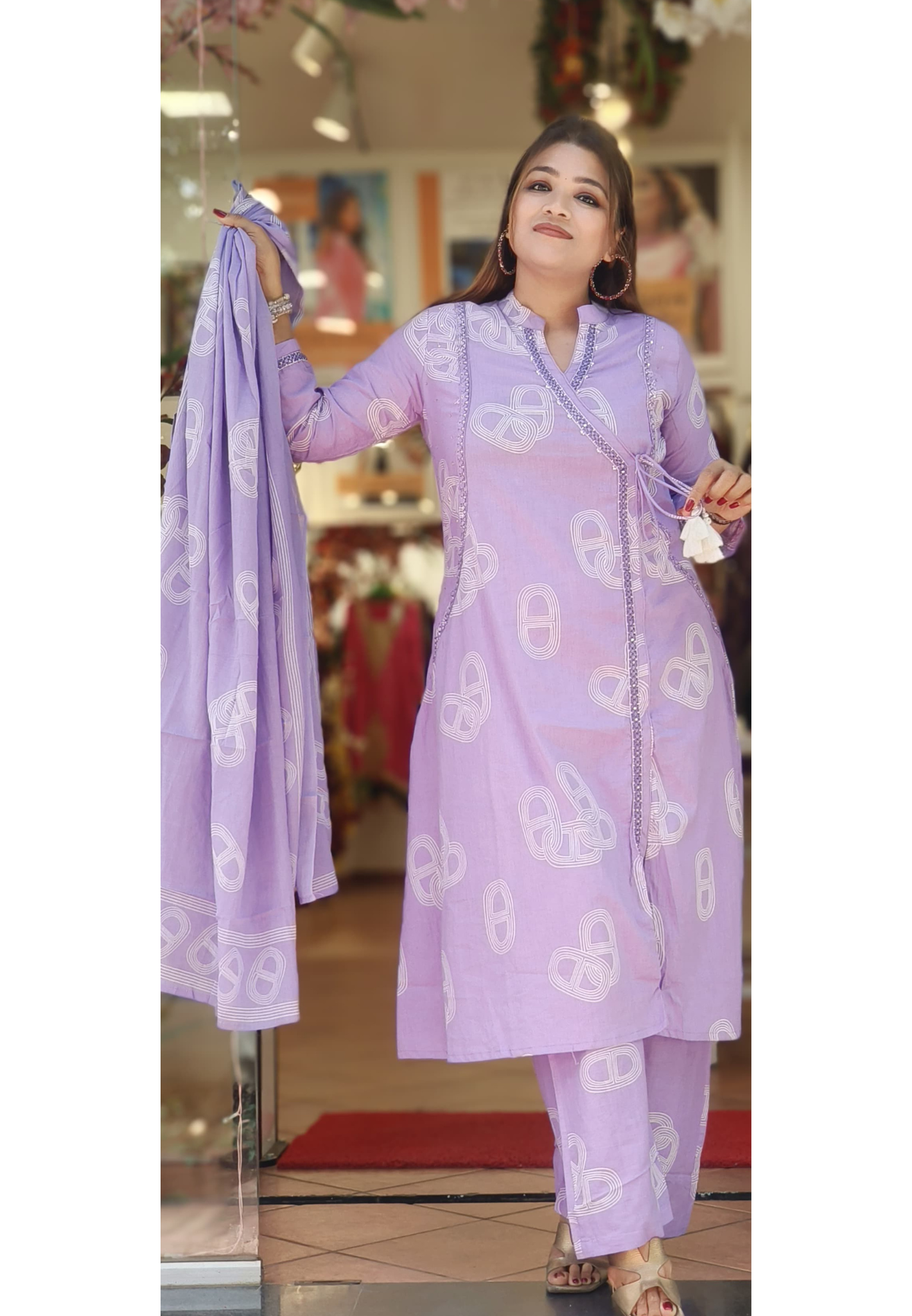 Angrakha Cut Printed A-Line Full Suit With Dupatta In Cotton Fabric