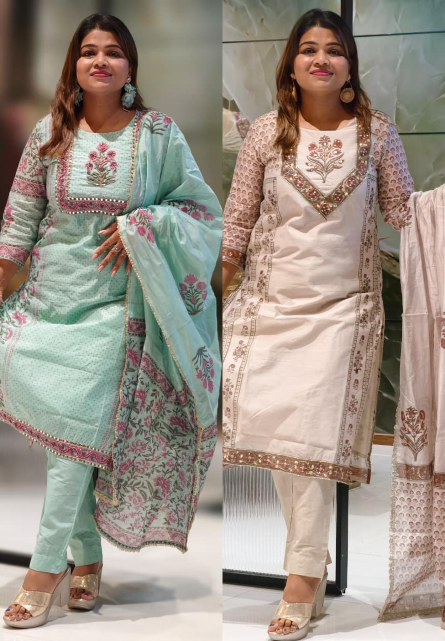 Soft Spring Floral Fern Printed & Embroidered Yoke Full Suit Set With Dupatta In Chanderi Fabric- 12979