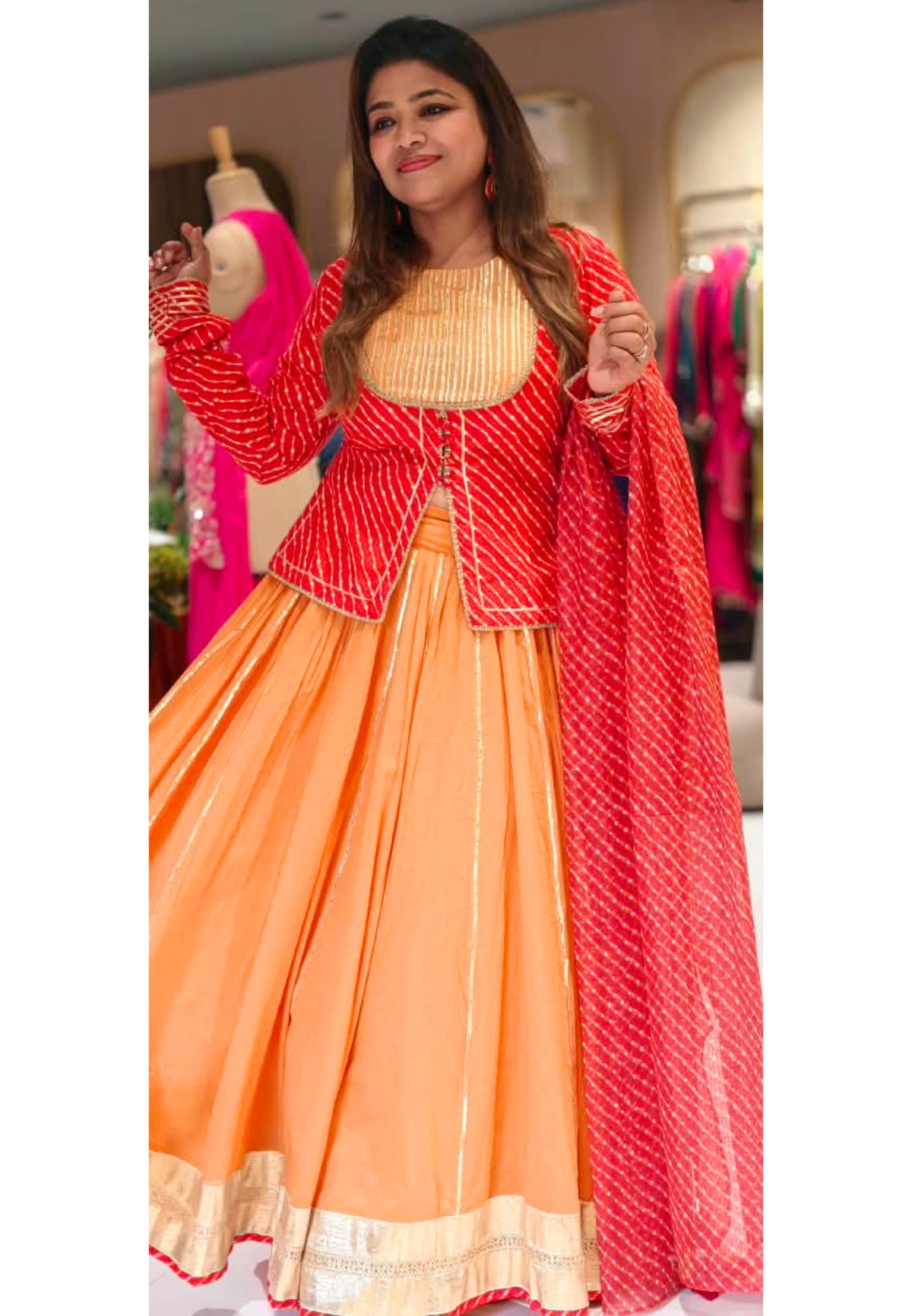 Festive Grace Leheriya Prints Gotta Patti Highlights Kota Doria Classic Front Slitted Kurta With Flared Contrasted Bottom & Dupatta- 16755